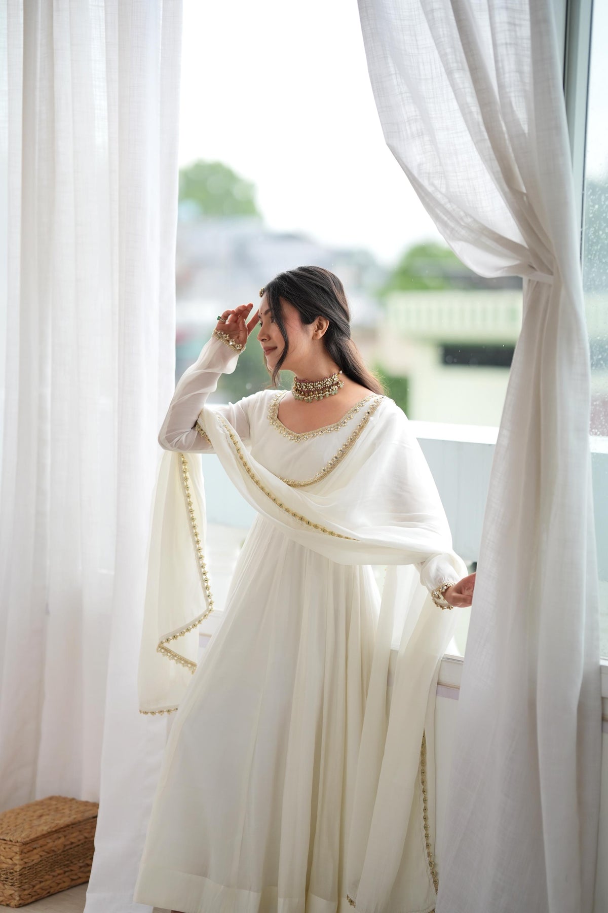 Elegant Ivory Anarkali Gown with Sheer Sleeves, Golden Neckline Embellishment & Matching Dupatta