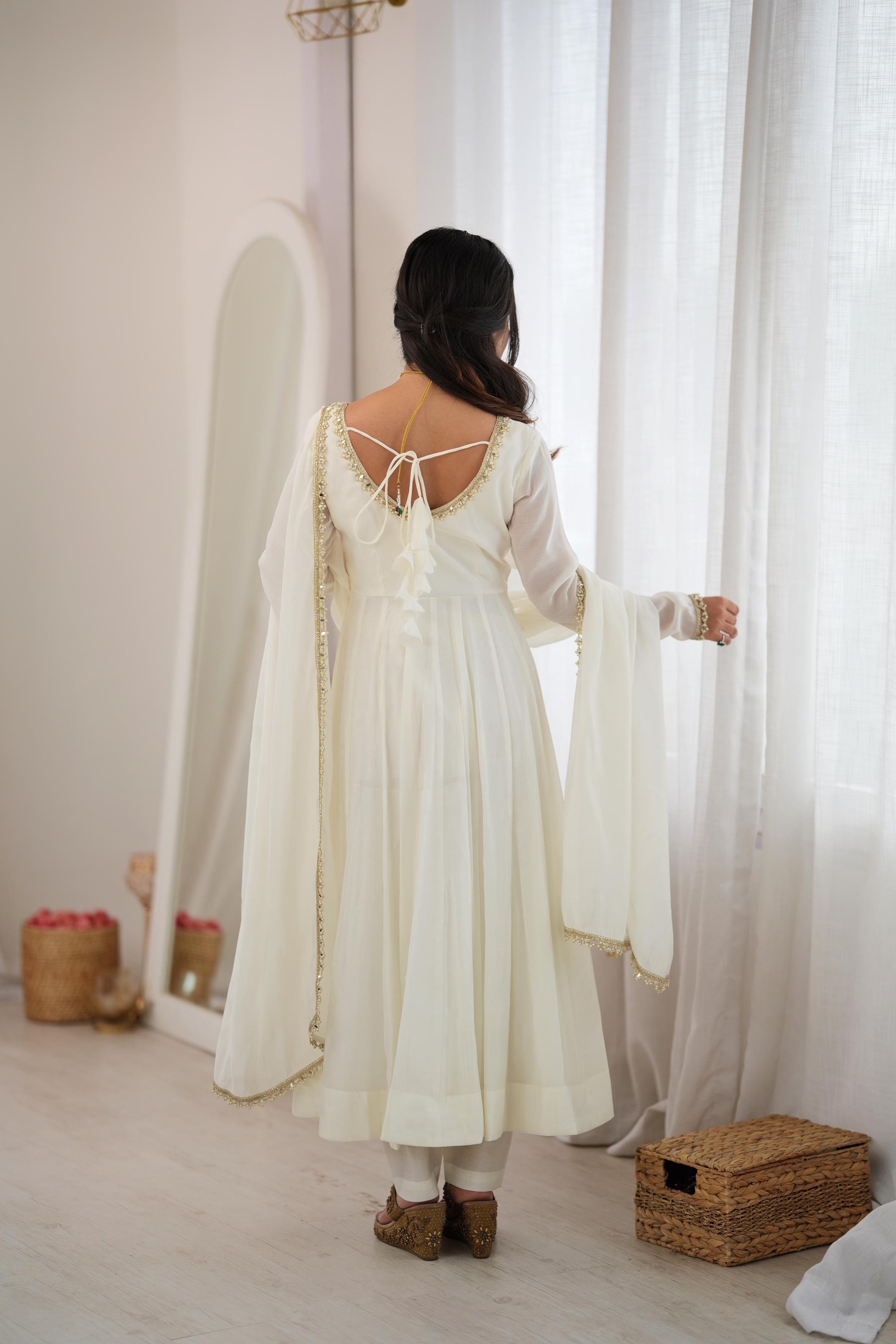 Elegant Ivory Anarkali Gown with Sheer Sleeves, Golden Neckline Embellishment & Matching Dupatta