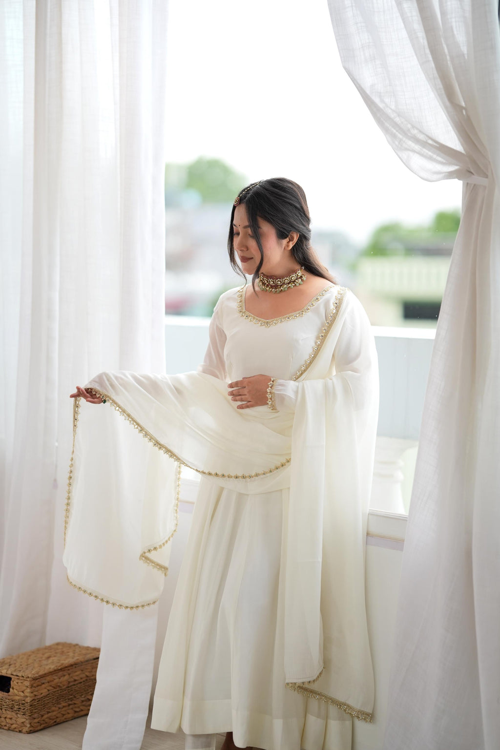 Elegant Ivory Anarkali Gown with Sheer Sleeves, Golden Neckline Embellishment & Matching Dupatta