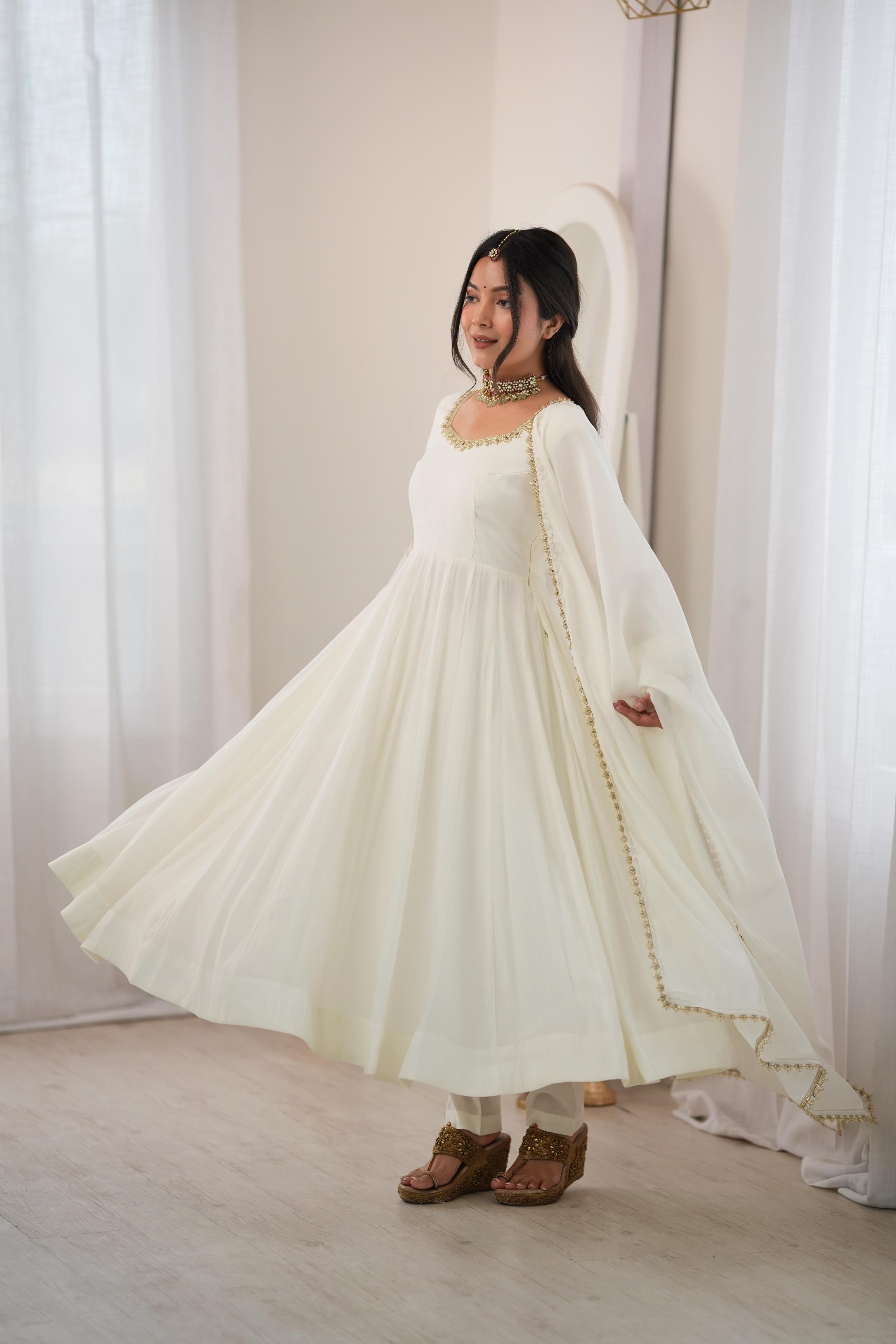 Elegant Ivory Anarkali Gown with Sheer Sleeves, Golden Neckline Embellishment & Matching Dupatta