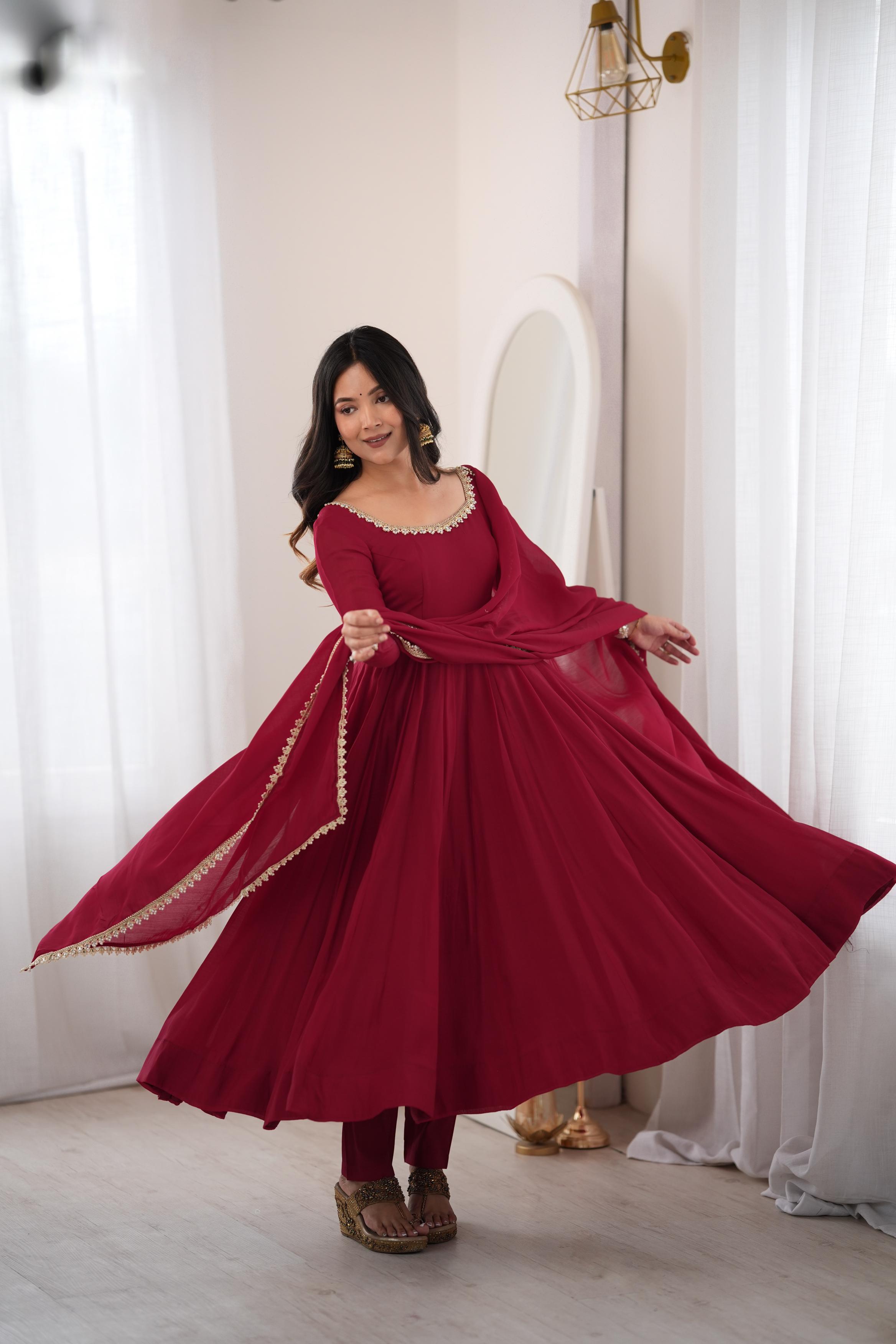 Royal Wine Maroon Anarkali Gown with Delicate Golden Embroidered Neckline, Full Sleeves & Matching Lace-Bordered Dupatta