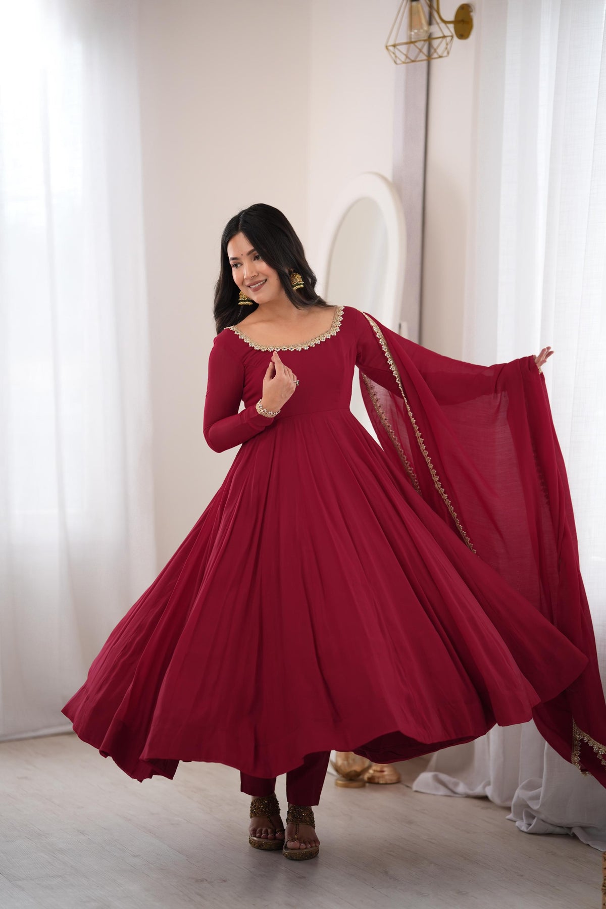 Royal Wine Maroon Anarkali Gown with Delicate Golden Embroidered Neckline, Full Sleeves & Matching Lace-Bordered Dupatta