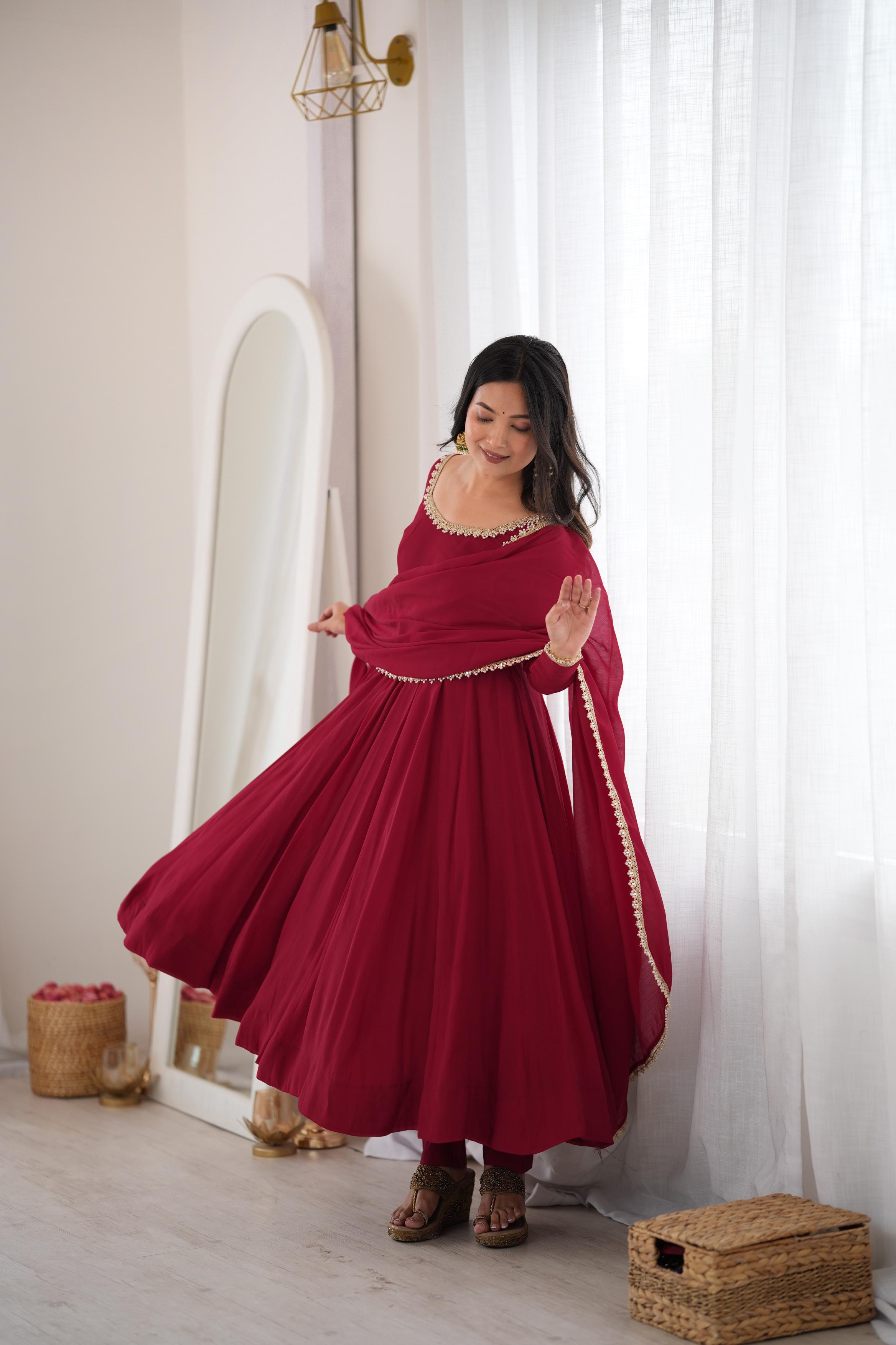 Royal Wine Maroon Anarkali Gown with Delicate Golden Embroidered Neckline, Full Sleeves & Matching Lace-Bordered Dupatta