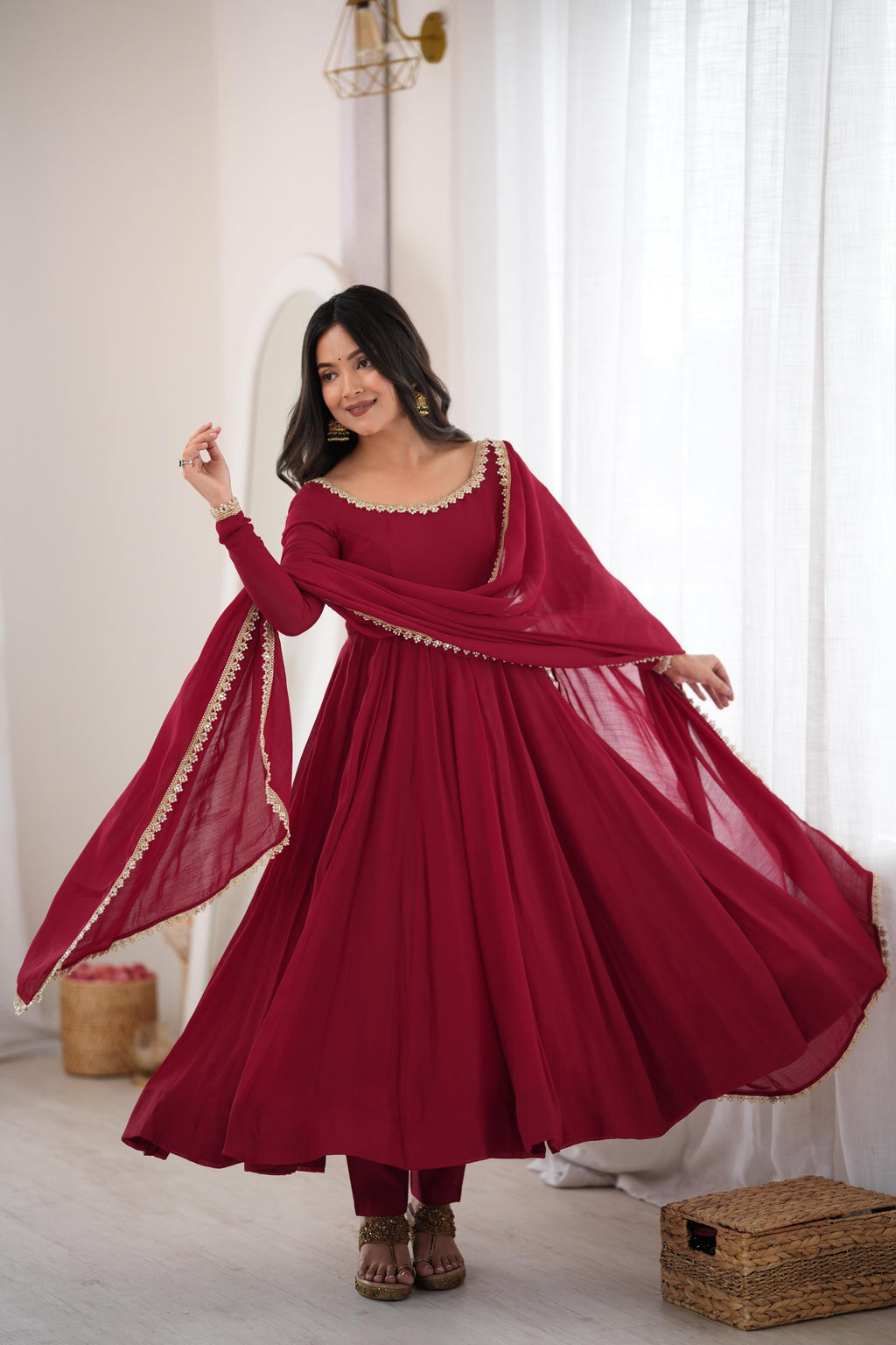 Royal Wine Maroon Anarkali Gown with Delicate Golden Embroidered Neckline, Full Sleeves & Matching Lace-Bordered Dupatta