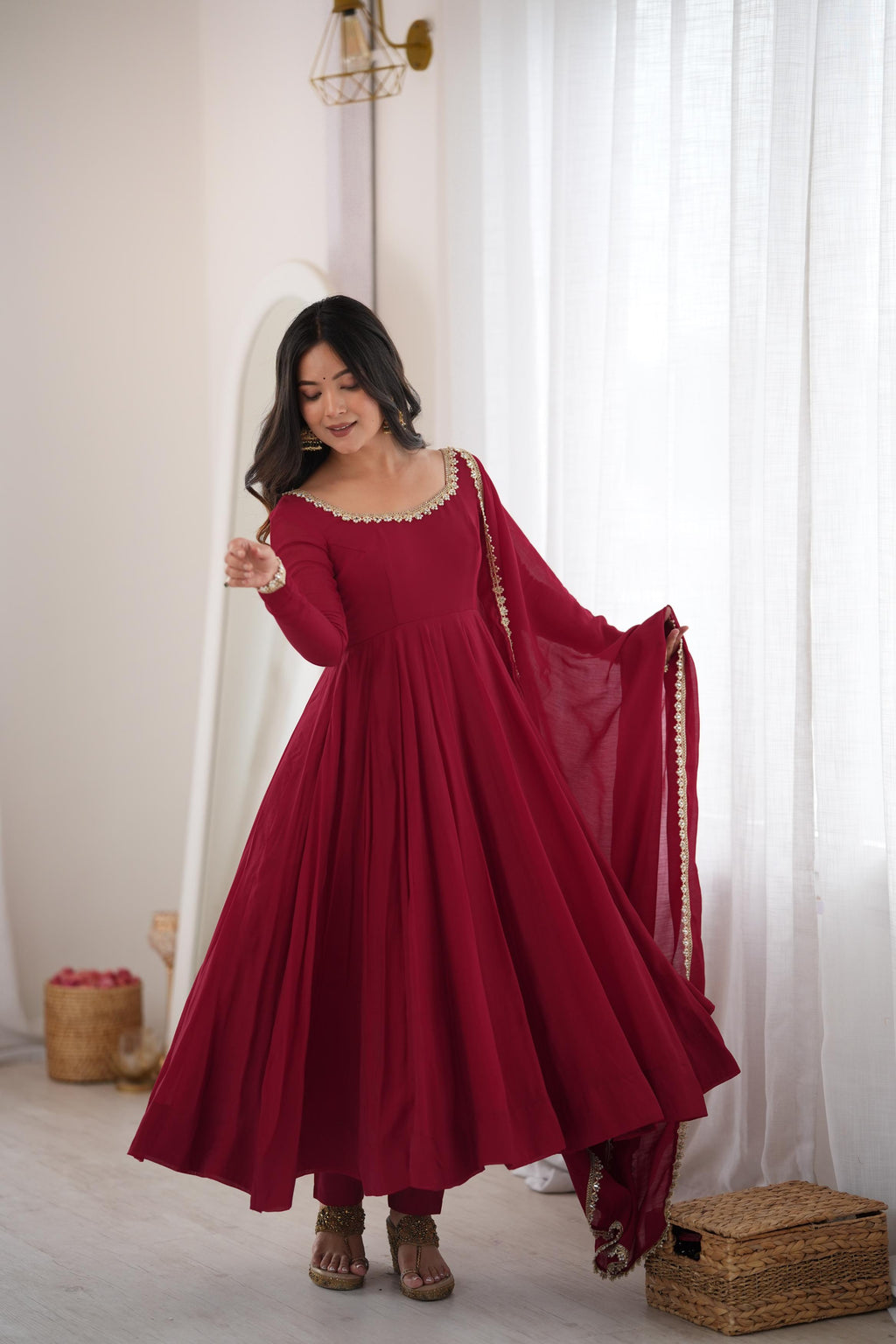 Royal Wine Maroon Anarkali Gown with Delicate Golden Embroidered Neckline, Full Sleeves & Matching Lace-Bordered Dupatta