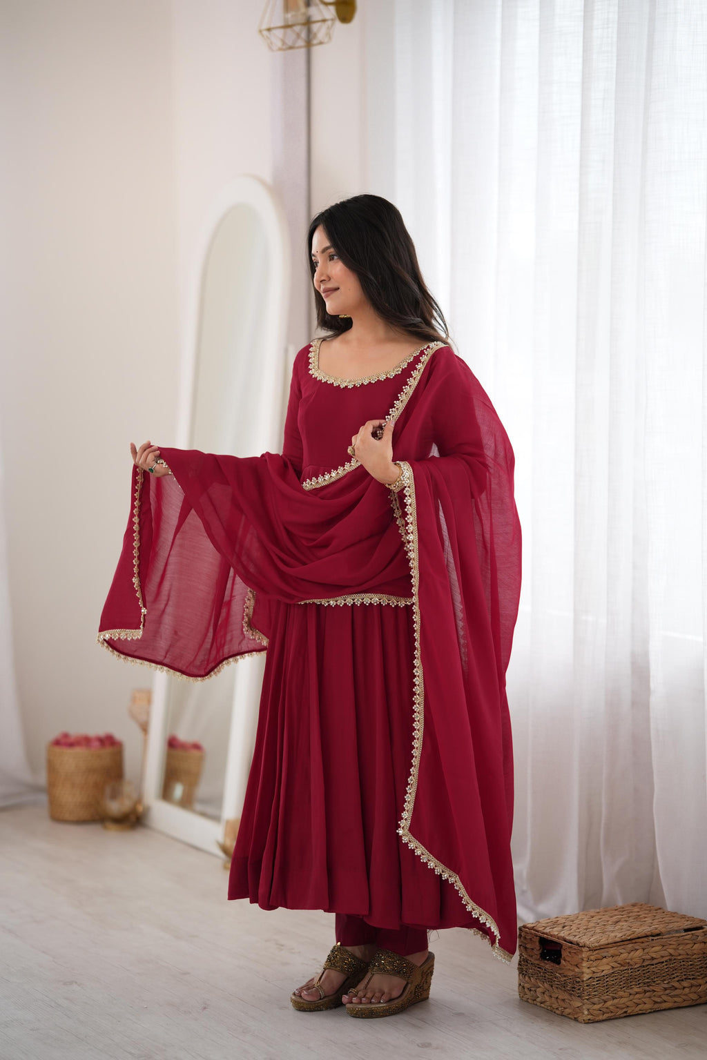Royal Wine Maroon Anarkali Gown with Delicate Golden Embroidered Neckline, Full Sleeves & Matching Lace-Bordered Dupatta