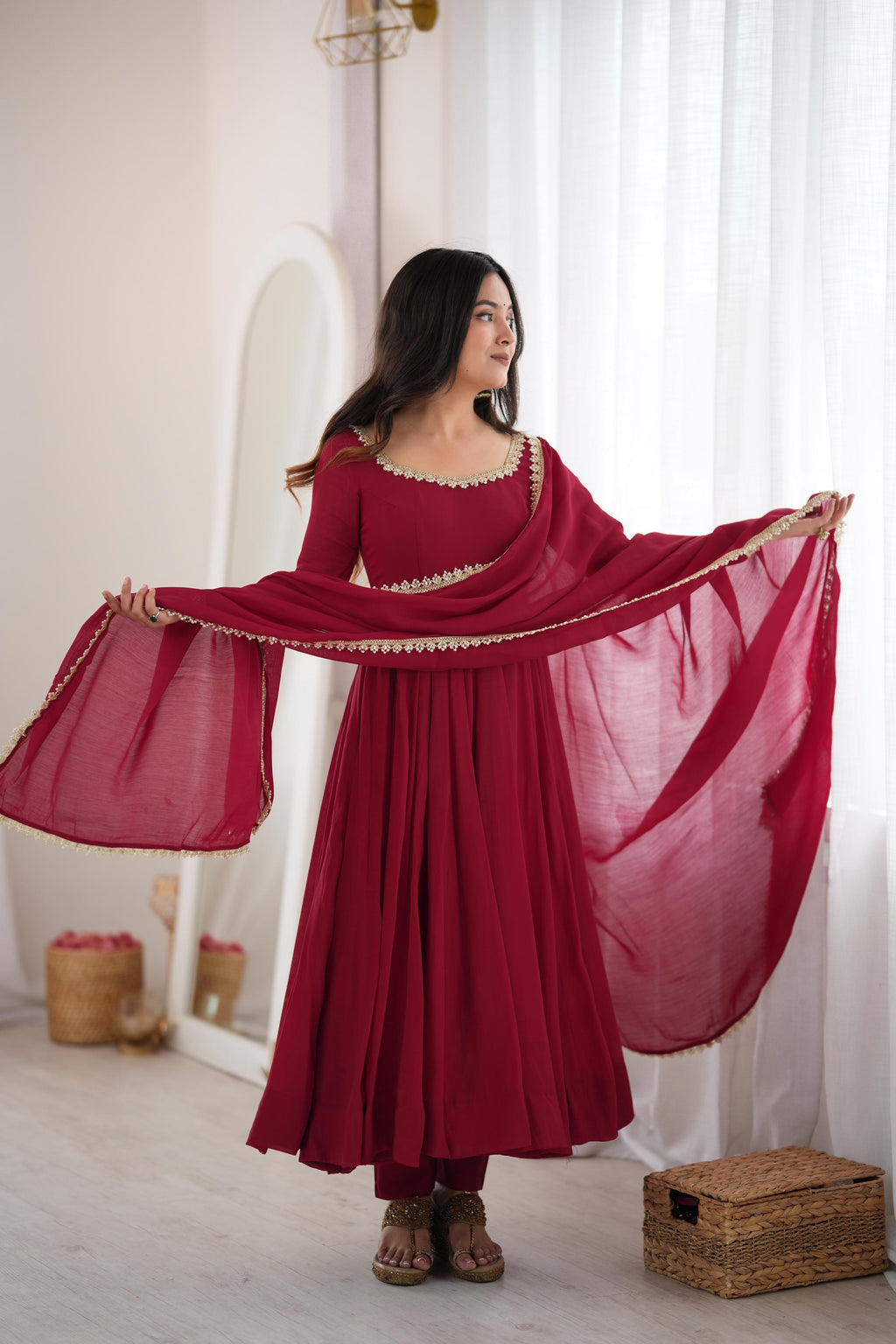 Royal Wine Maroon Anarkali Gown with Delicate Golden Embroidered Neckline, Full Sleeves & Matching Lace-Bordered Dupatta