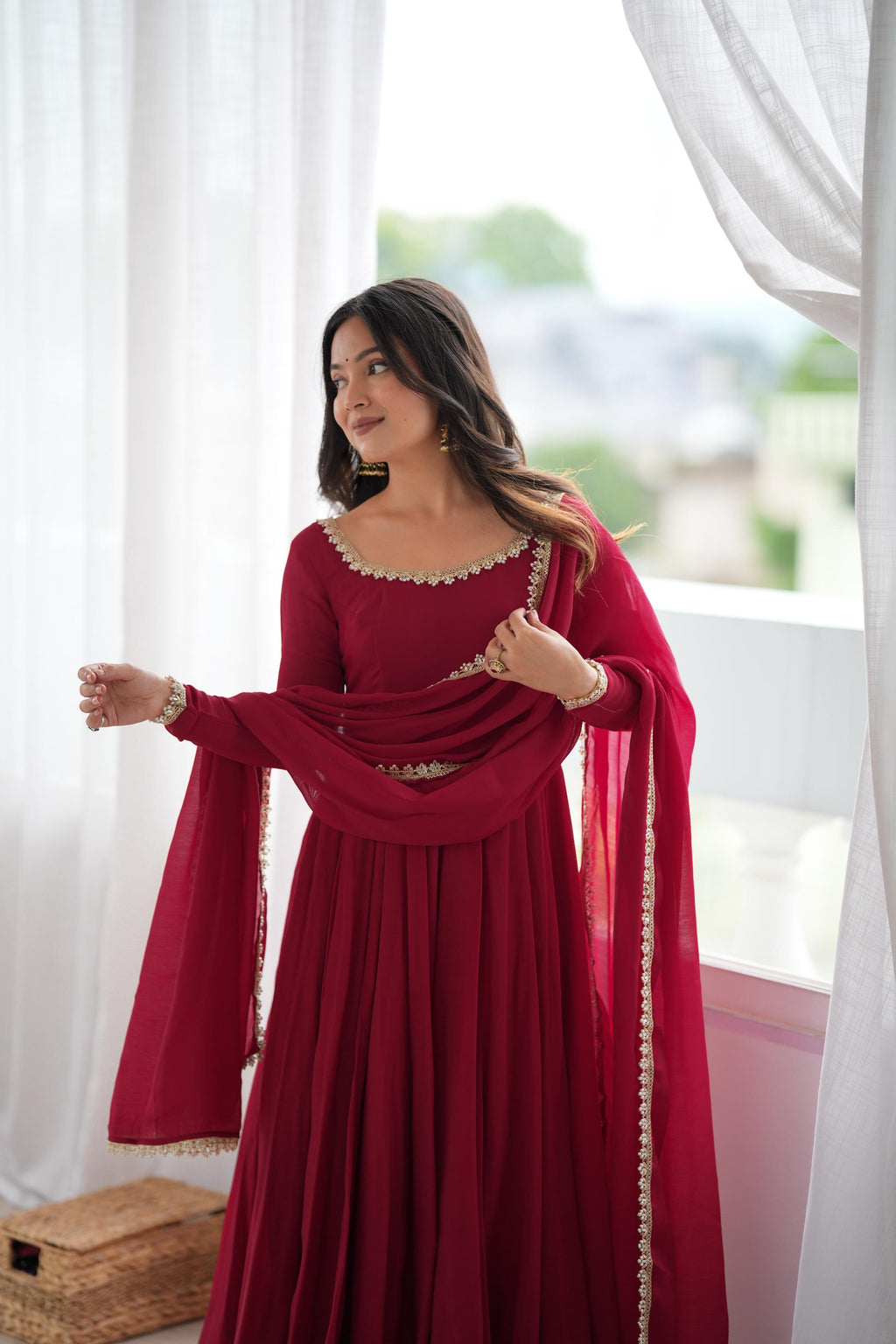 Royal Wine Maroon Anarkali Gown with Delicate Golden Embroidered Neckline, Full Sleeves & Matching Lace-Bordered Dupatta