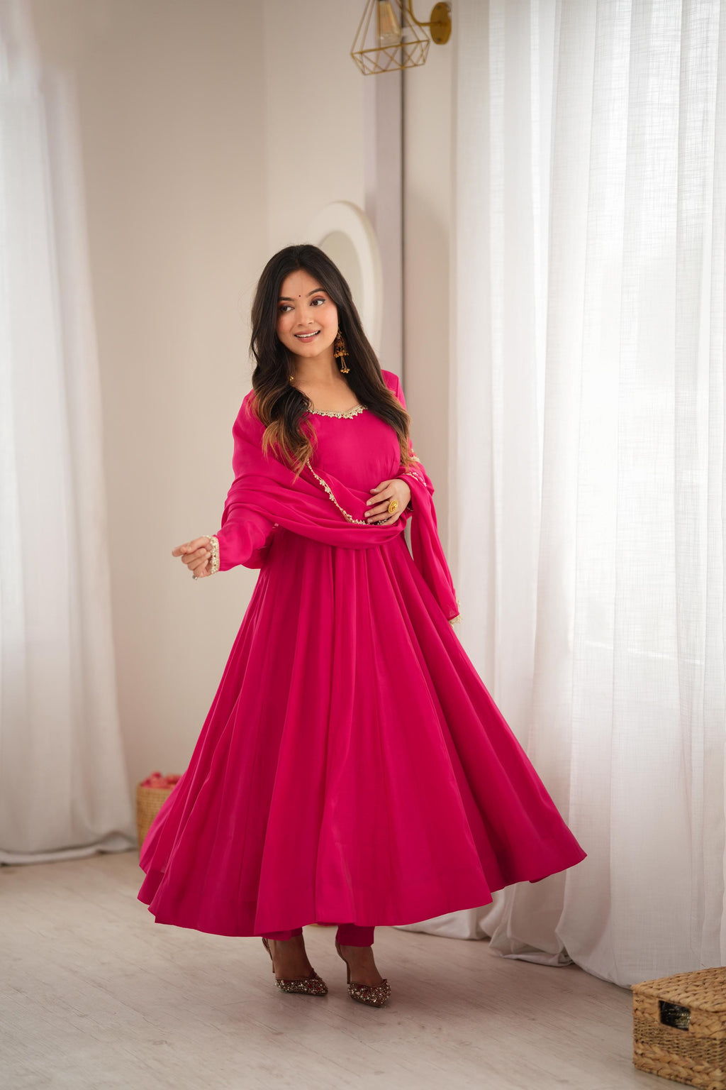 Rani Pink Georgette Anarkali Suit with Delicate Pearl Lace Neckline, Full Sleeves & Sheer Dupatta with Pearl Border
