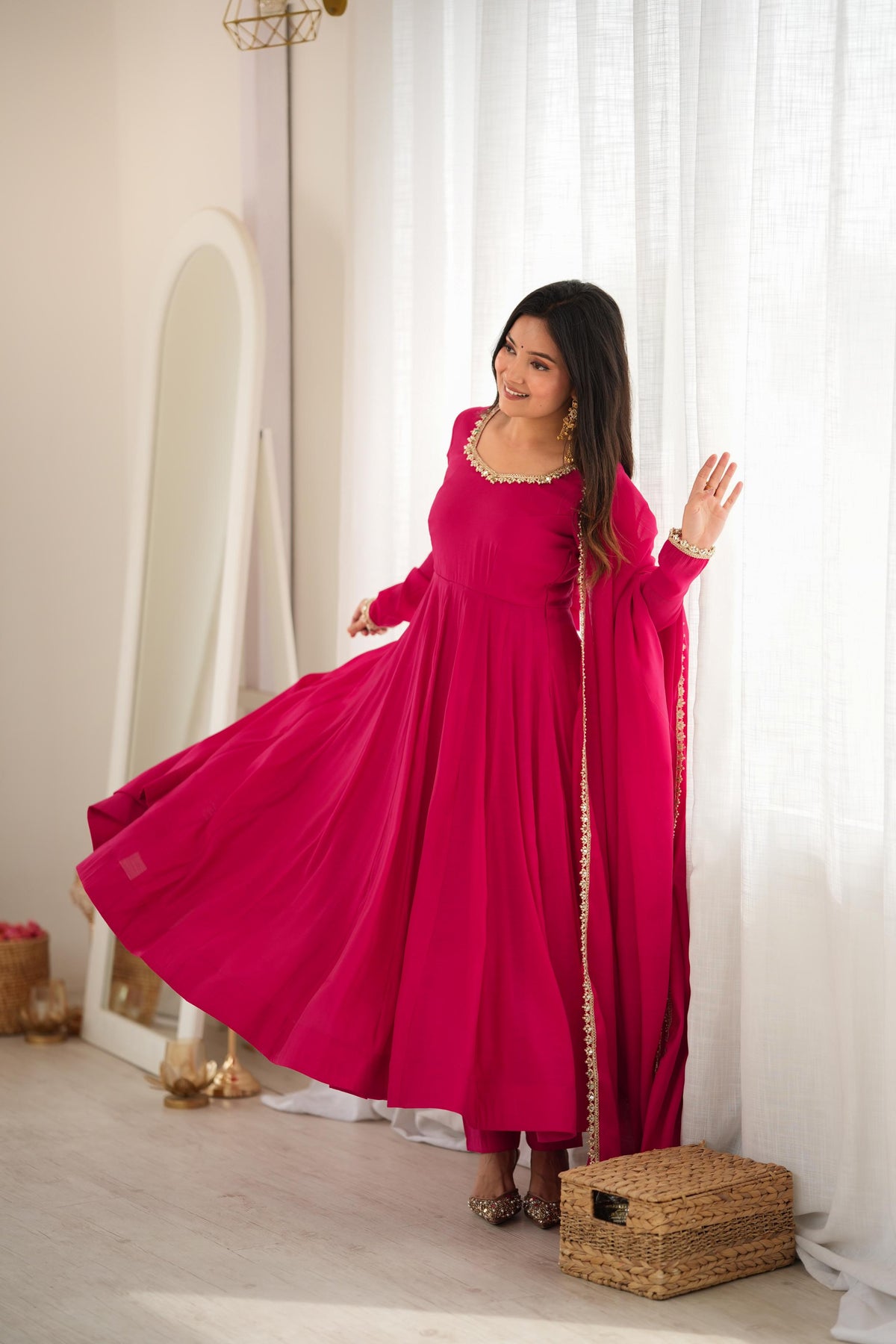 Rani Pink Georgette Anarkali Suit with Delicate Pearl Lace Neckline, Full Sleeves & Sheer Dupatta with Pearl Border