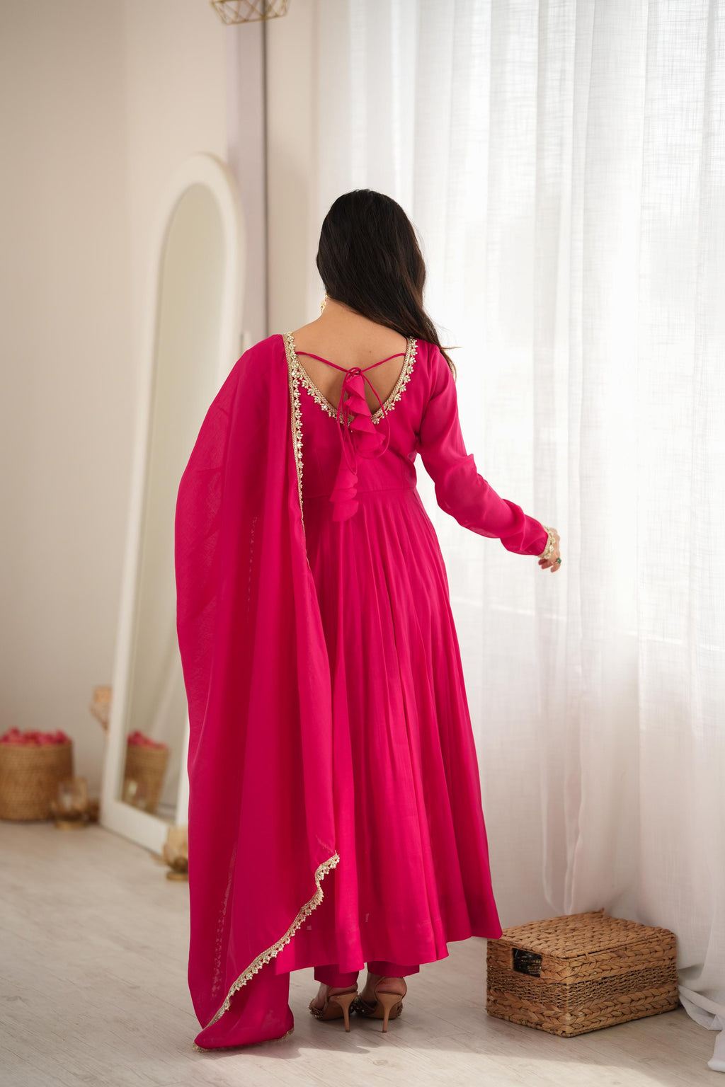 Rani Pink Georgette Anarkali Suit with Delicate Pearl Lace Neckline, Full Sleeves & Sheer Dupatta with Pearl Border