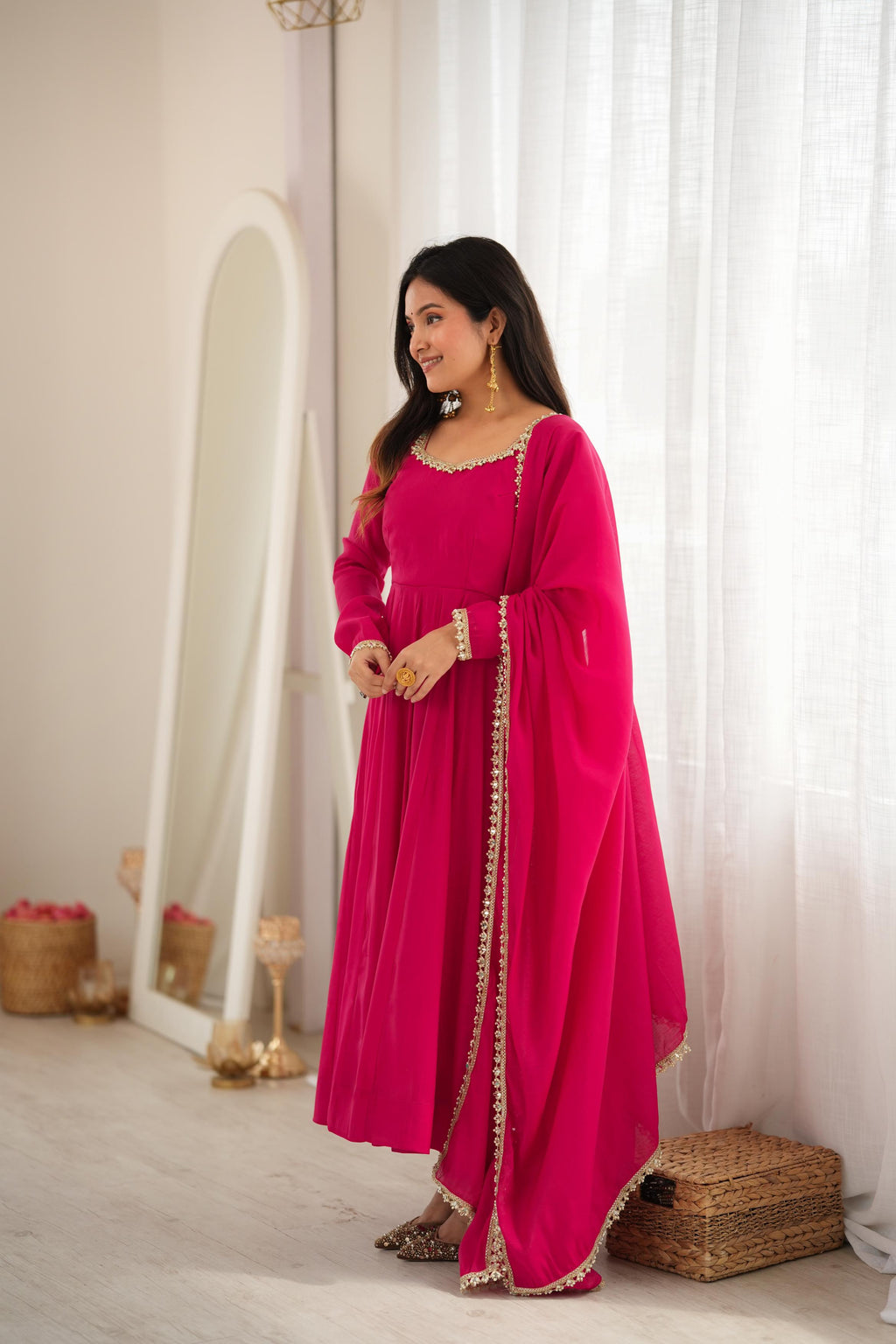 Rani Pink Georgette Anarkali Suit with Delicate Pearl Lace Neckline, Full Sleeves & Sheer Dupatta with Pearl Border