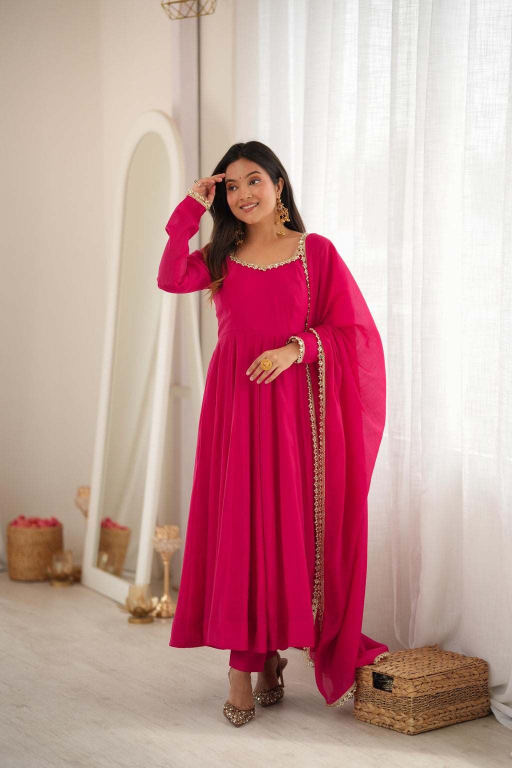 Rani Pink Georgette Anarkali Suit with Delicate Pearl Lace Neckline, Full Sleeves & Sheer Dupatta with Pearl Border