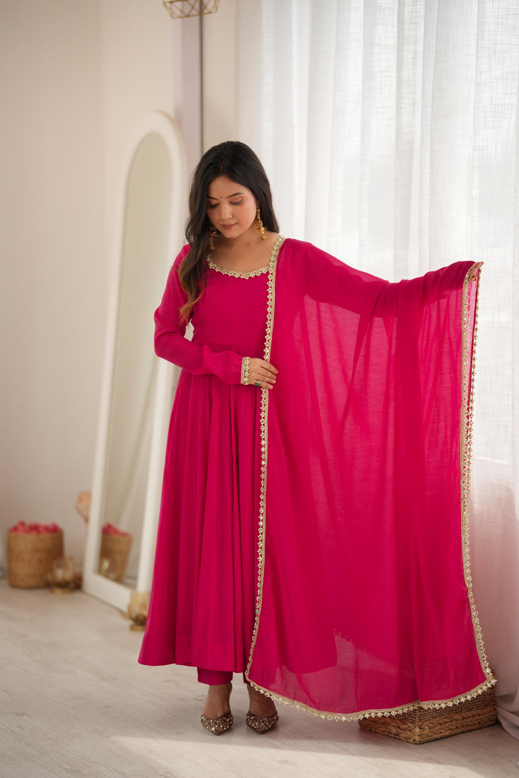 Rani Pink Georgette Anarkali Suit with Delicate Pearl Lace Neckline, Full Sleeves & Sheer Dupatta with Pearl Border