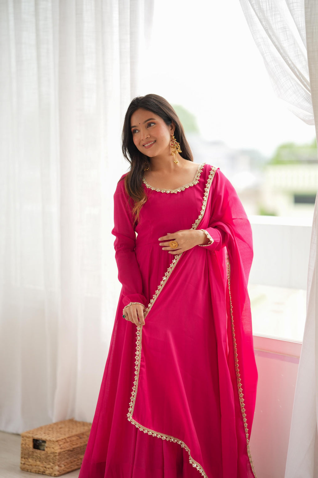 Rani Pink Georgette Anarkali Suit with Delicate Pearl Lace Neckline, Full Sleeves & Sheer Dupatta with Pearl Border