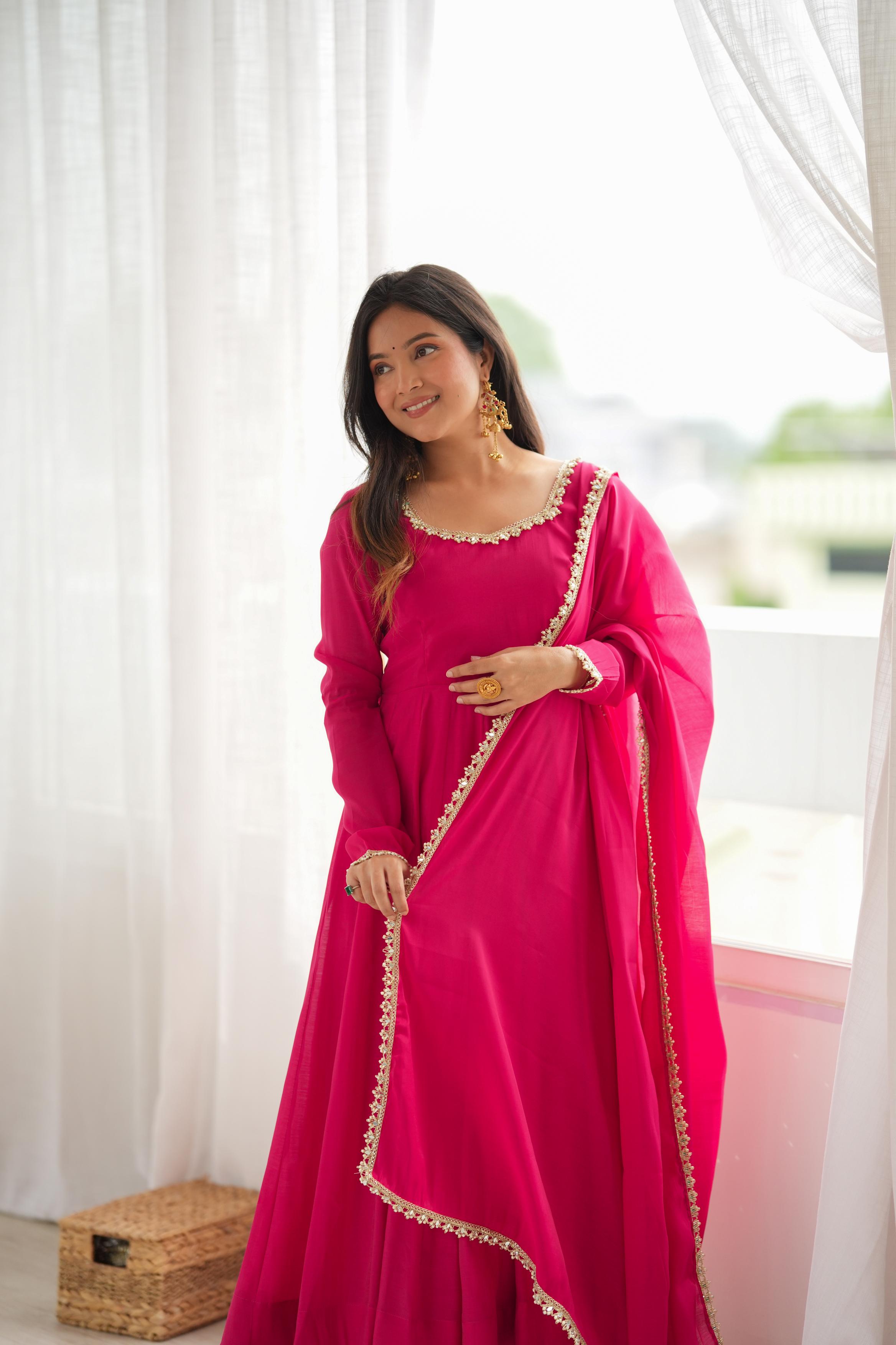 Rani Pink Georgette Anarkali Suit with Delicate Pearl Lace Neckline, Full Sleeves & Sheer Dupatta with Pearl Border