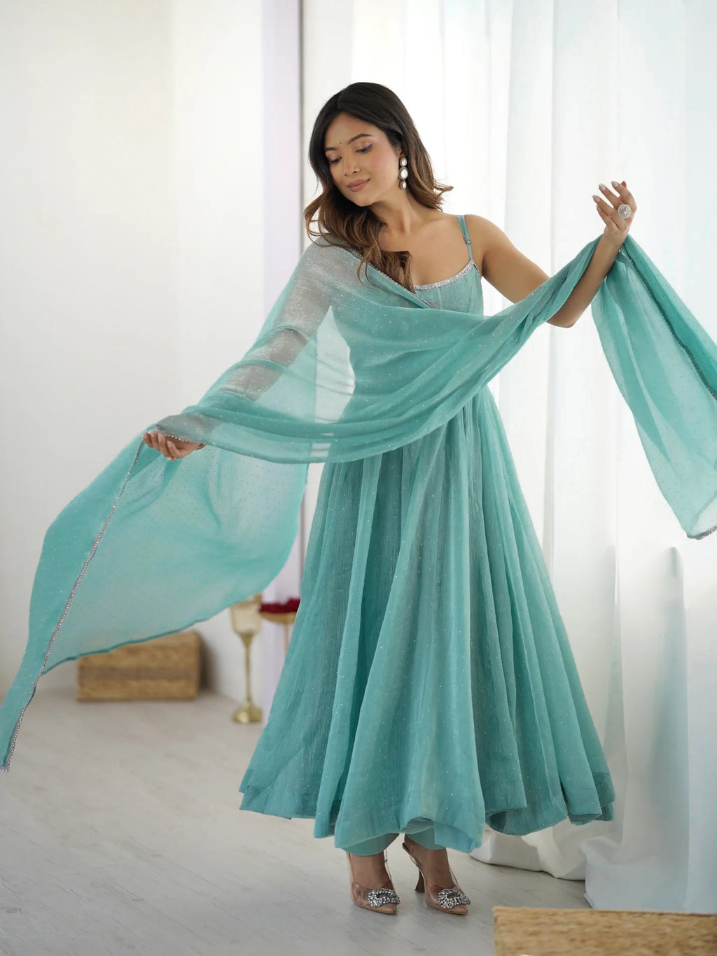 Pastel Aqua Blue Shimmer Anarkali Gown with Delicate Sparkle Detailing, Spaghetti Straps & Sheer Matching Dupatta