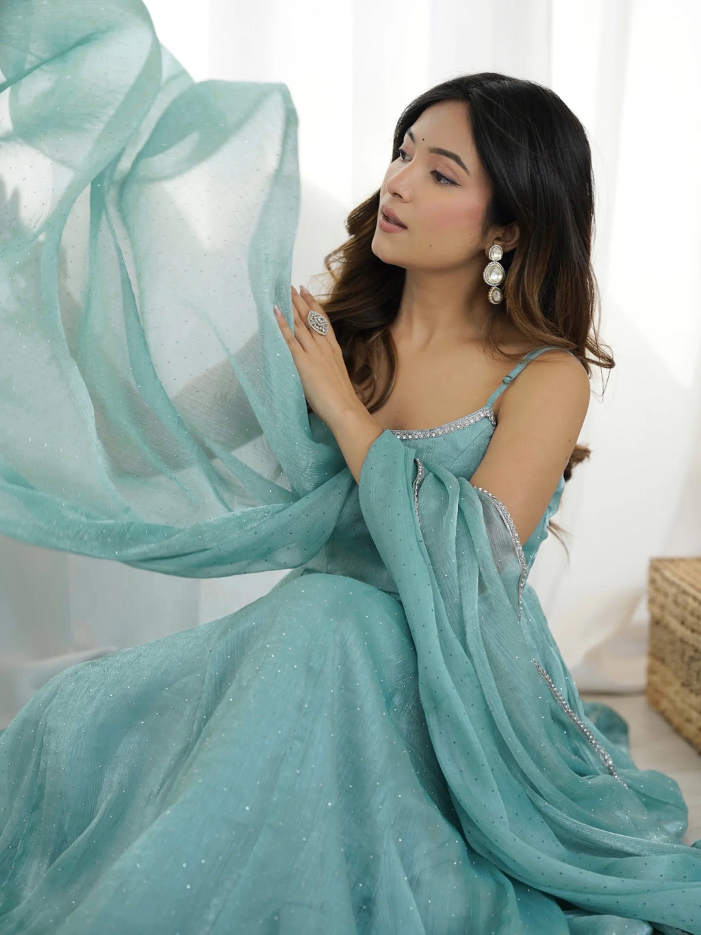 Pastel Aqua Blue Shimmer Anarkali Gown with Delicate Sparkle Detailing, Spaghetti Straps & Sheer Matching Dupatta