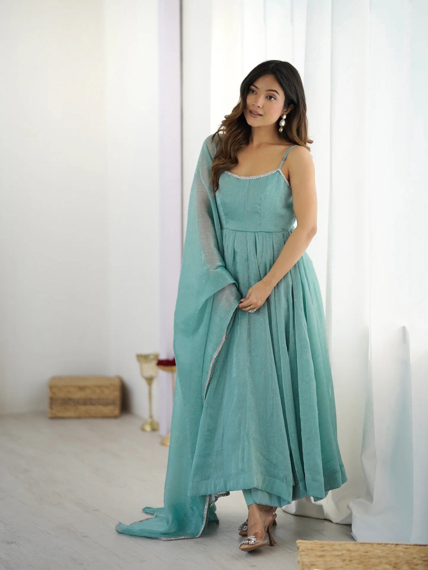 Pastel Aqua Blue Shimmer Anarkali Gown with Delicate Sparkle Detailing, Spaghetti Straps & Sheer Matching Dupatta