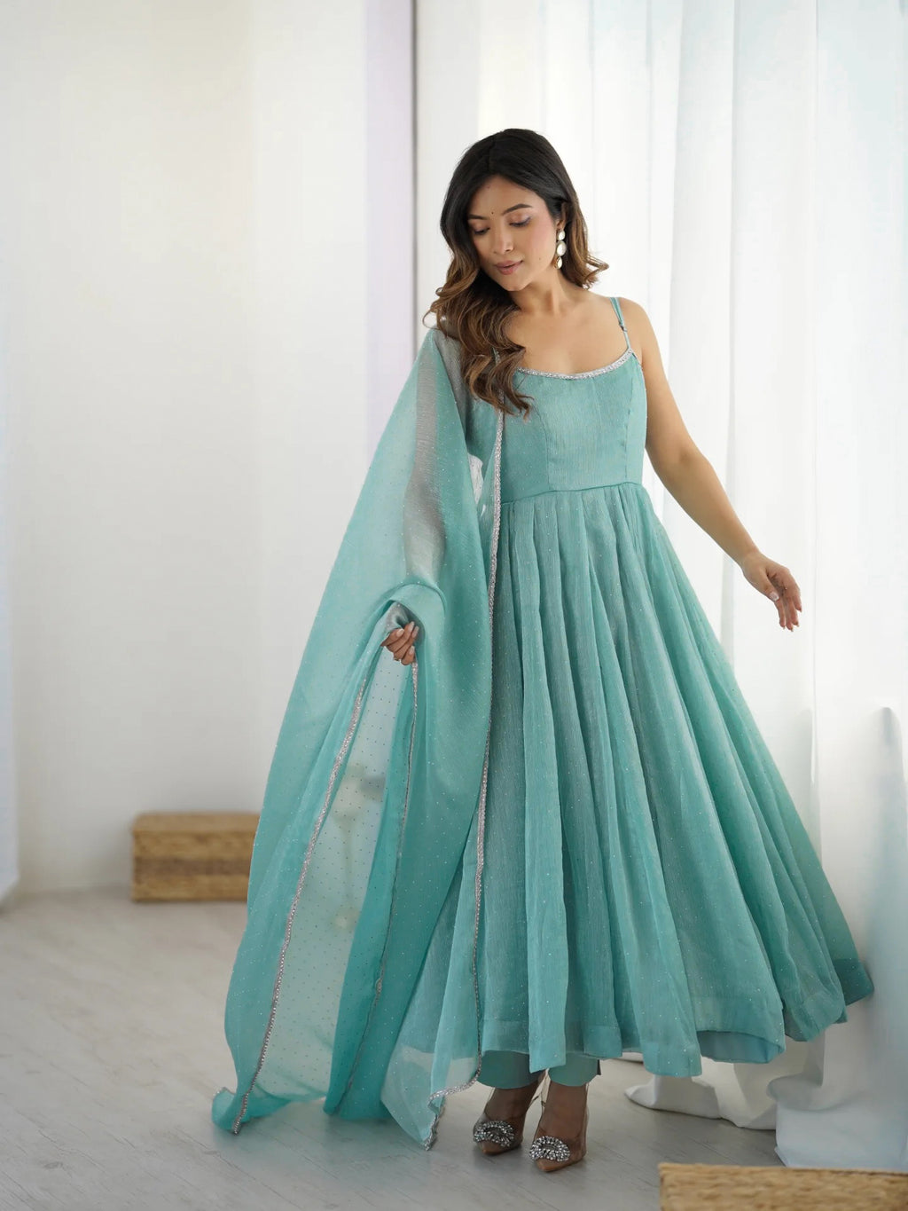 Pastel Aqua Blue Shimmer Anarkali Gown with Delicate Sparkle Detailing, Spaghetti Straps & Sheer Matching Dupatta