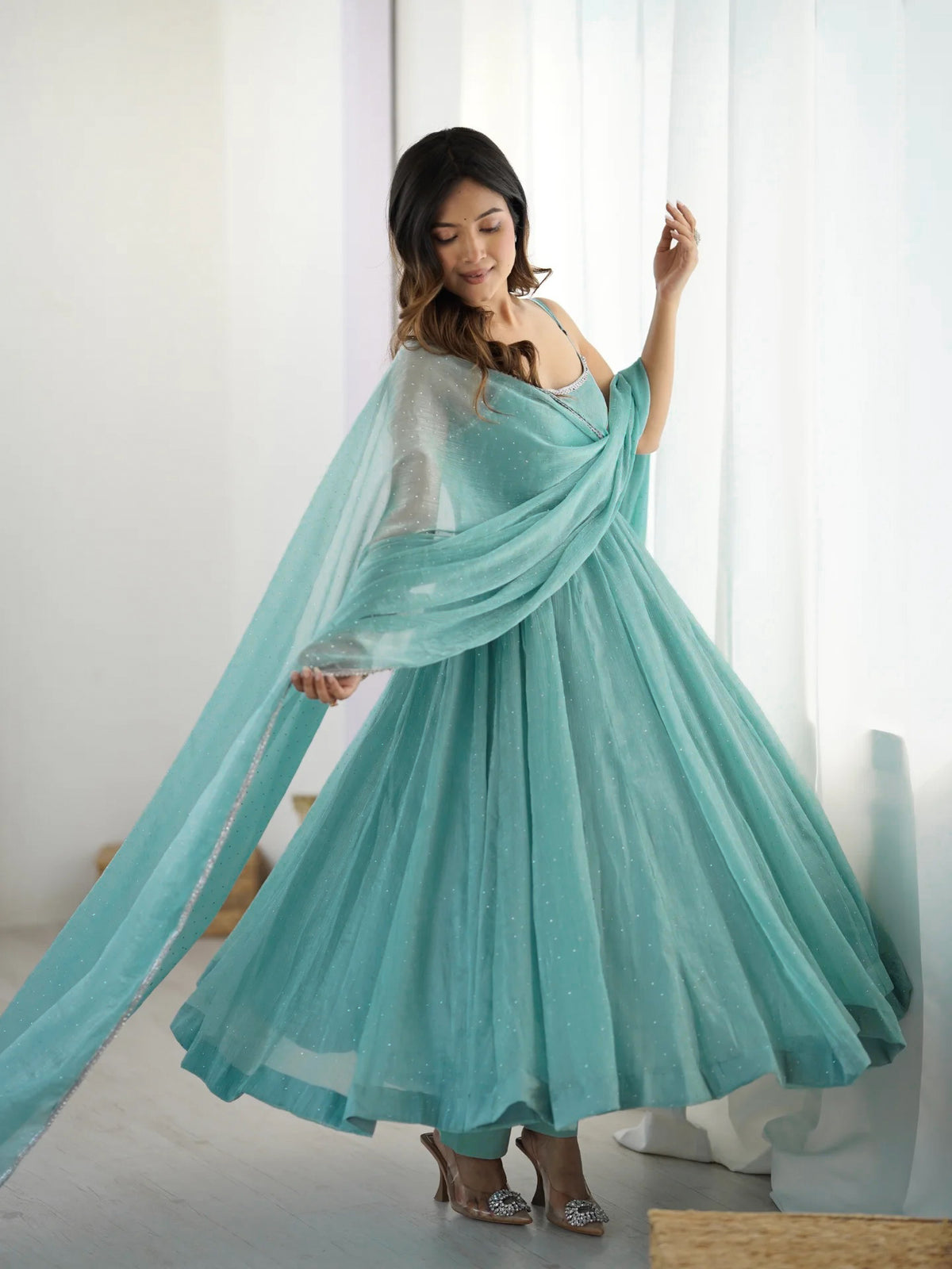 Pastel Aqua Blue Shimmer Anarkali Gown with Delicate Sparkle Detailing, Spaghetti Straps & Sheer Matching Dupatta