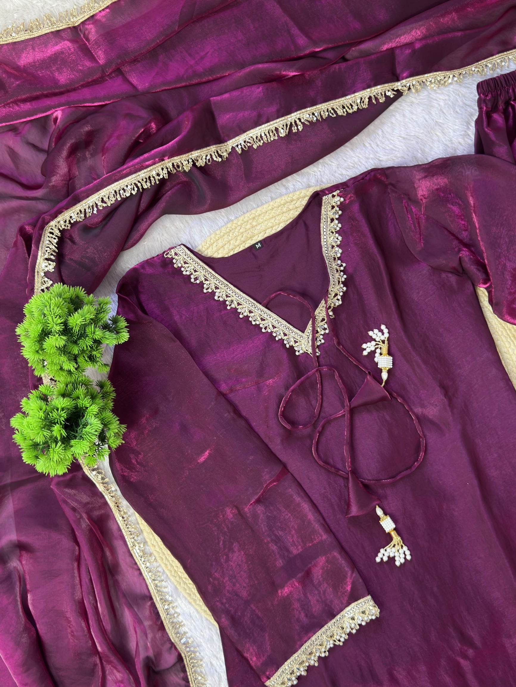 PREMIUM FENDY SILK SHARARA SUIT WITH PEARL MIRROR LACE WORK