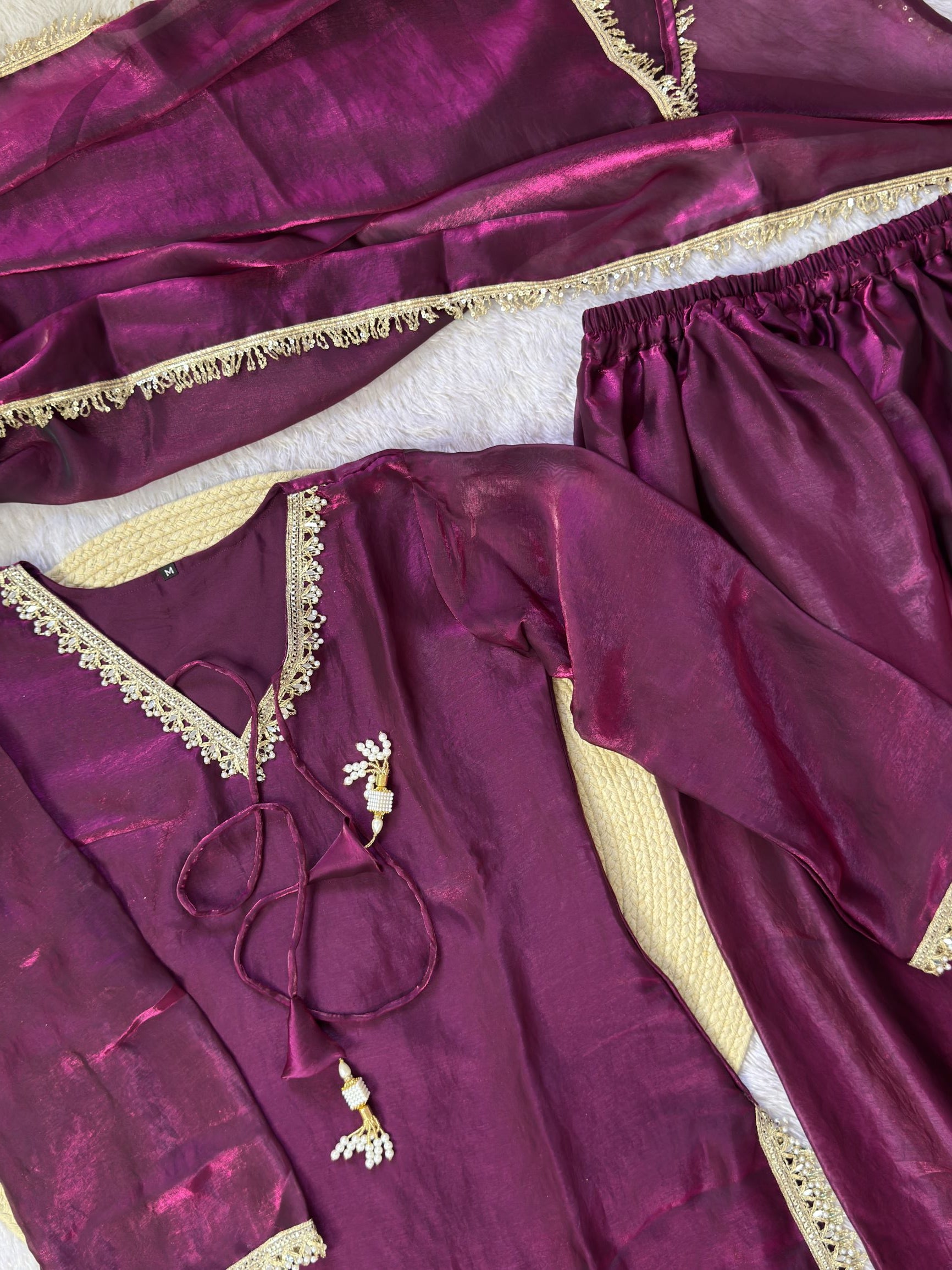 PREMIUM FENDY SILK SHARARA SUIT WITH PEARL MIRROR LACE WORK