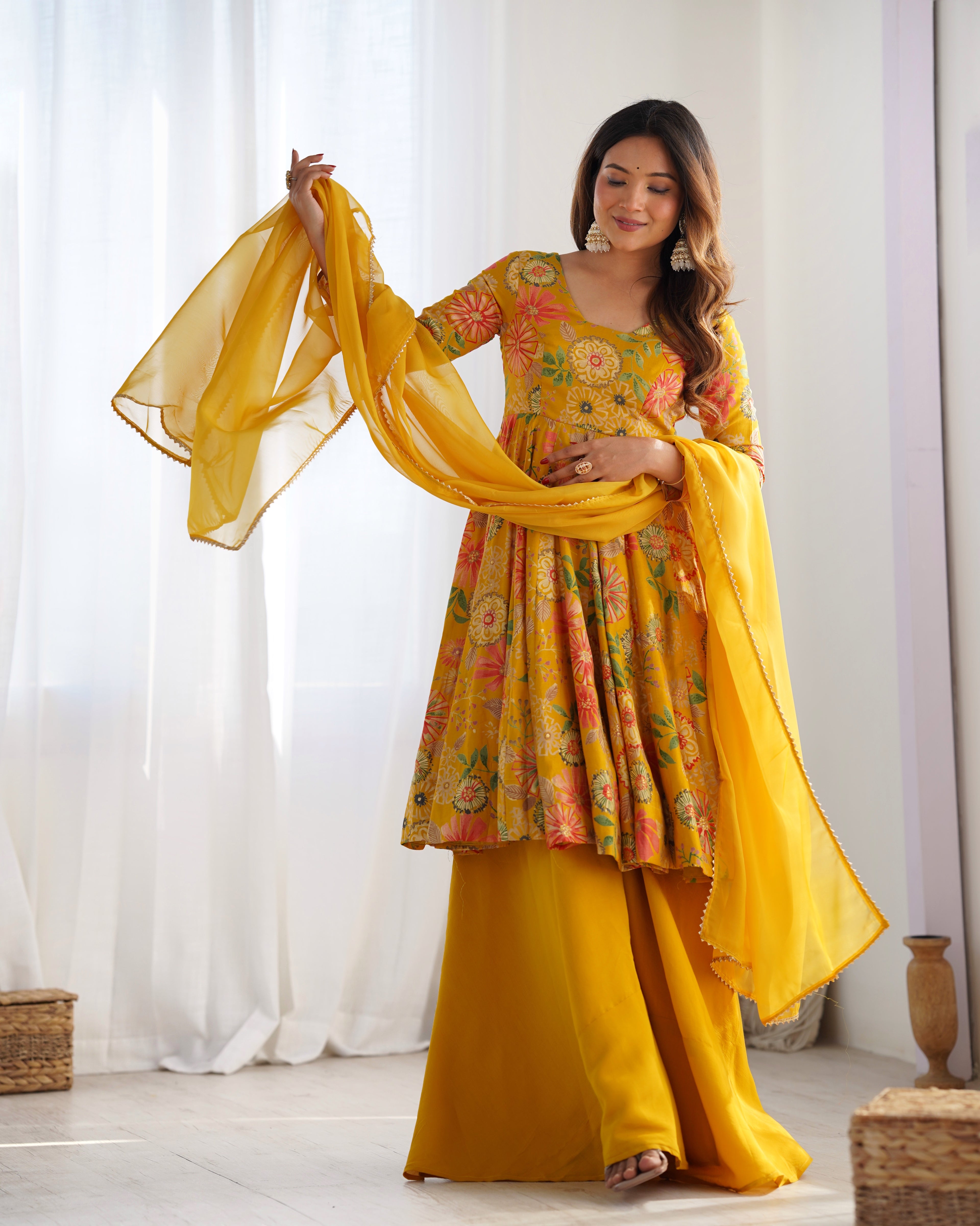 Mustard Yellow Floral Printed Anarkali Suit with Vibrant Multicolor Motifs, Flared Palazzo & Scalloped Border Dupatta