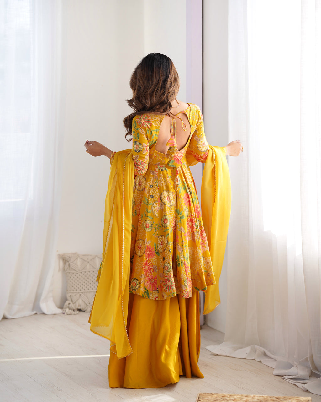 Mustard Yellow Floral Printed Anarkali Suit with Vibrant Multicolor Motifs, Flared Palazzo & Scalloped Border Dupatta