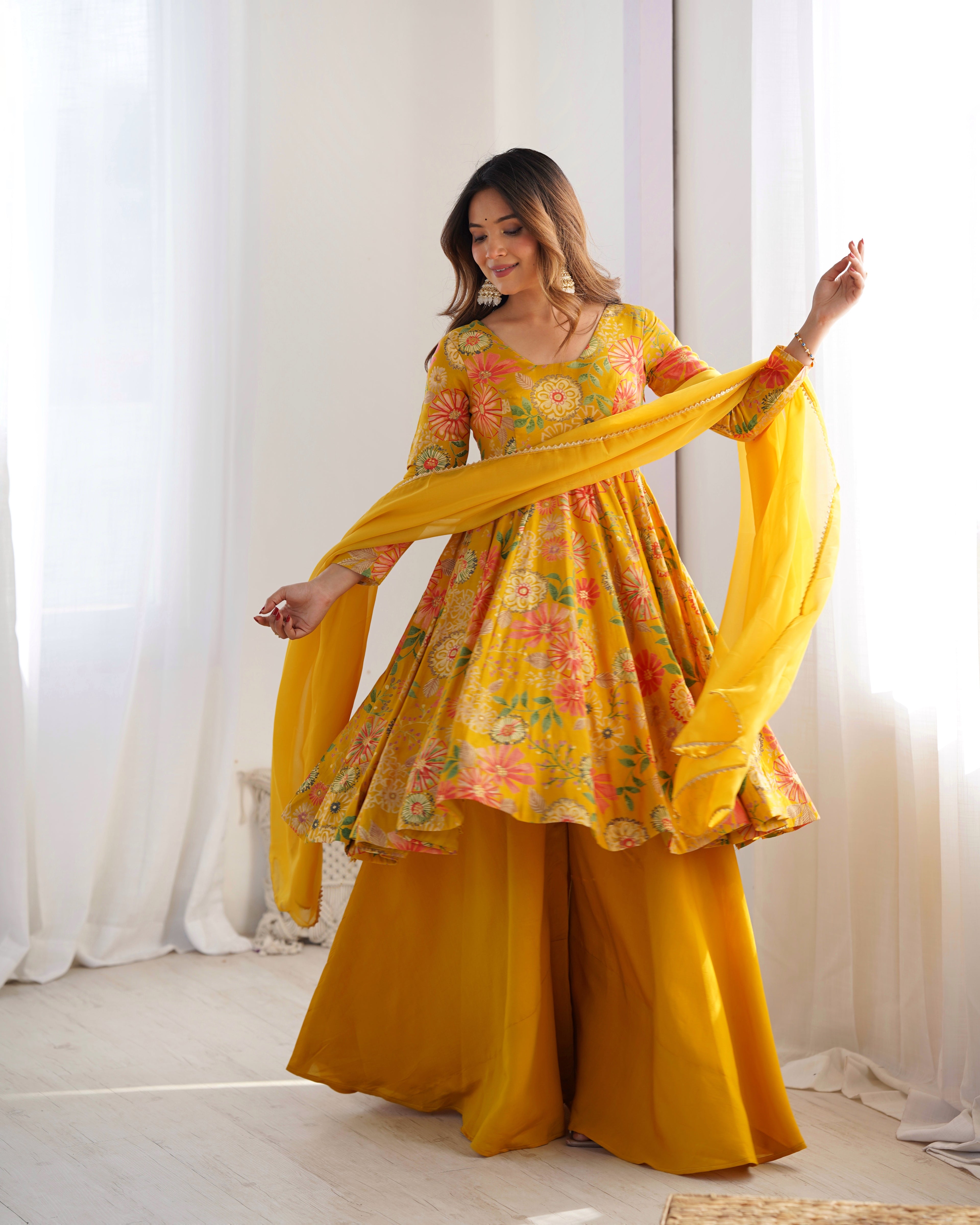 Mustard Yellow Floral Printed Anarkali Suit with Vibrant Multicolor Motifs, Flared Palazzo & Scalloped Border Dupatta