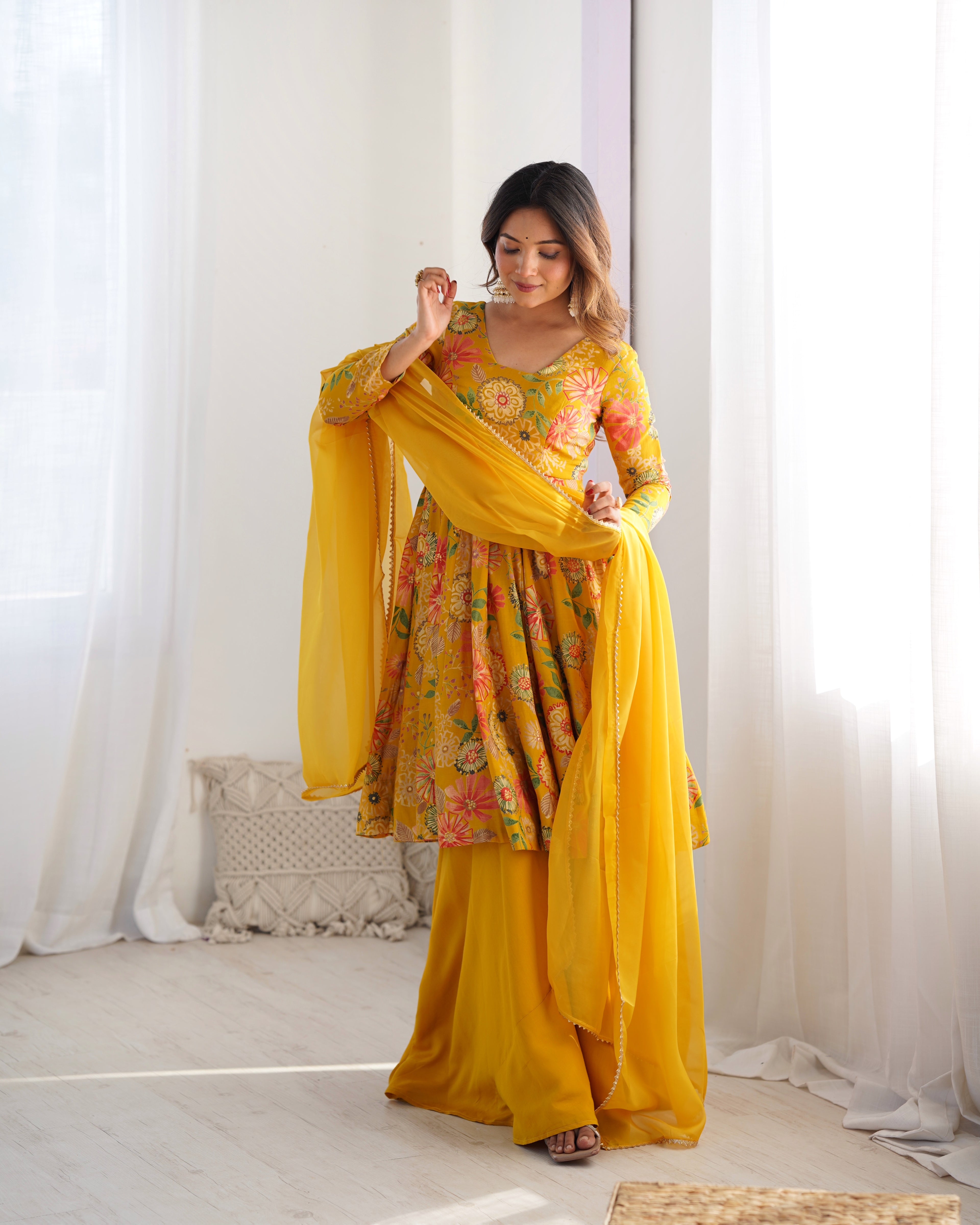 Mustard Yellow Floral Printed Anarkali Suit with Vibrant Multicolor Motifs, Flared Palazzo & Scalloped Border Dupatta
