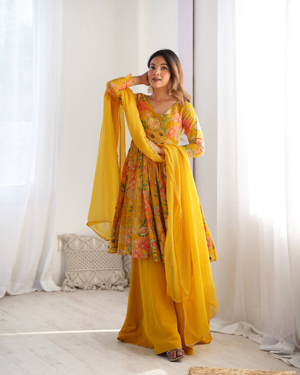 Mustard Yellow Floral Printed Anarkali Suit with Vibrant Multicolor Motifs, Flared Palazzo & Scalloped Border Dupatta