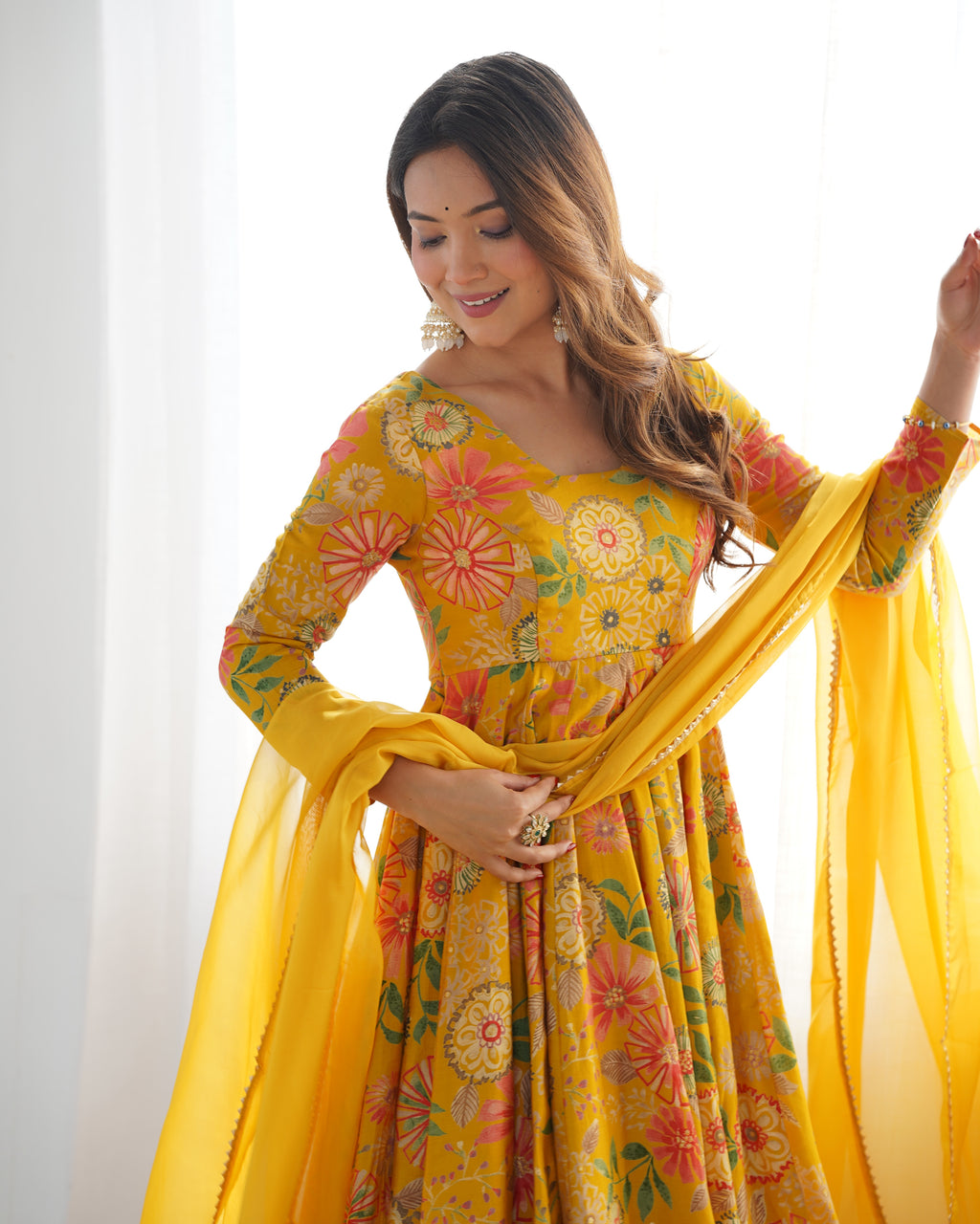 Mustard Yellow Floral Printed Anarkali Suit with Vibrant Multicolor Motifs, Flared Palazzo & Scalloped Border Dupatta