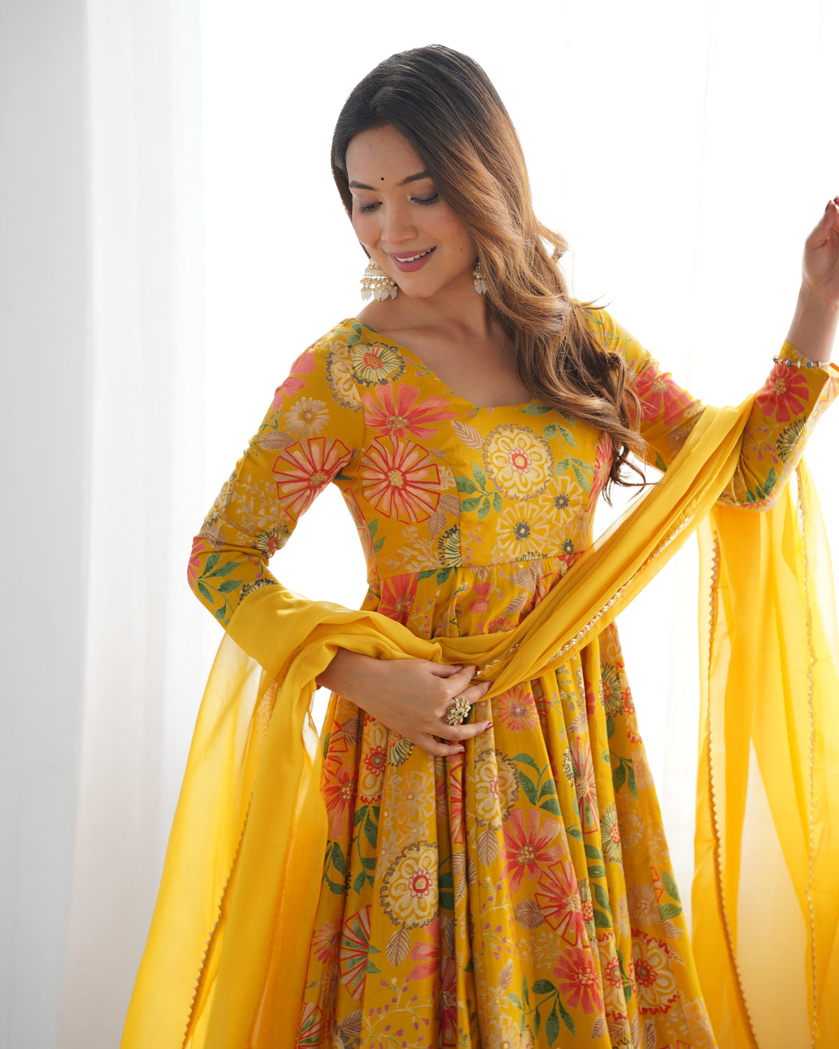 Mustard Yellow Floral Printed Anarkali Suit with Vibrant Multicolor Motifs, Flared Palazzo & Scalloped Border Dupatta