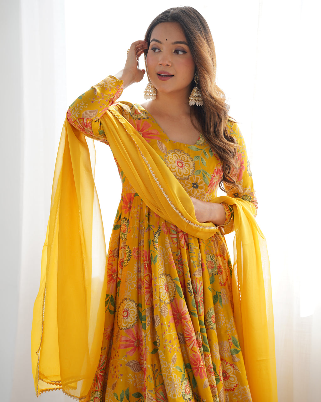Mustard Yellow Floral Printed Anarkali Suit with Vibrant Multicolor Motifs, Flared Palazzo & Scalloped Border Dupatta