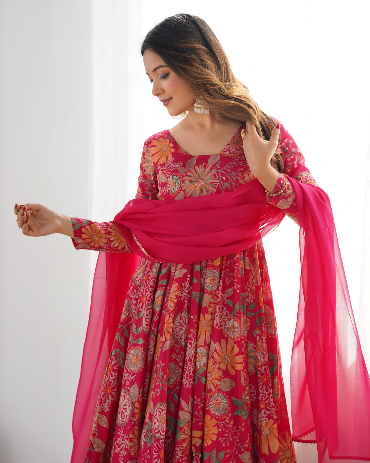 Rani Pink Floral Anarkali Suit with Multicolor Botanical Prints, Flowing Palazzo & Elegant Lace-Edged Dupatta
