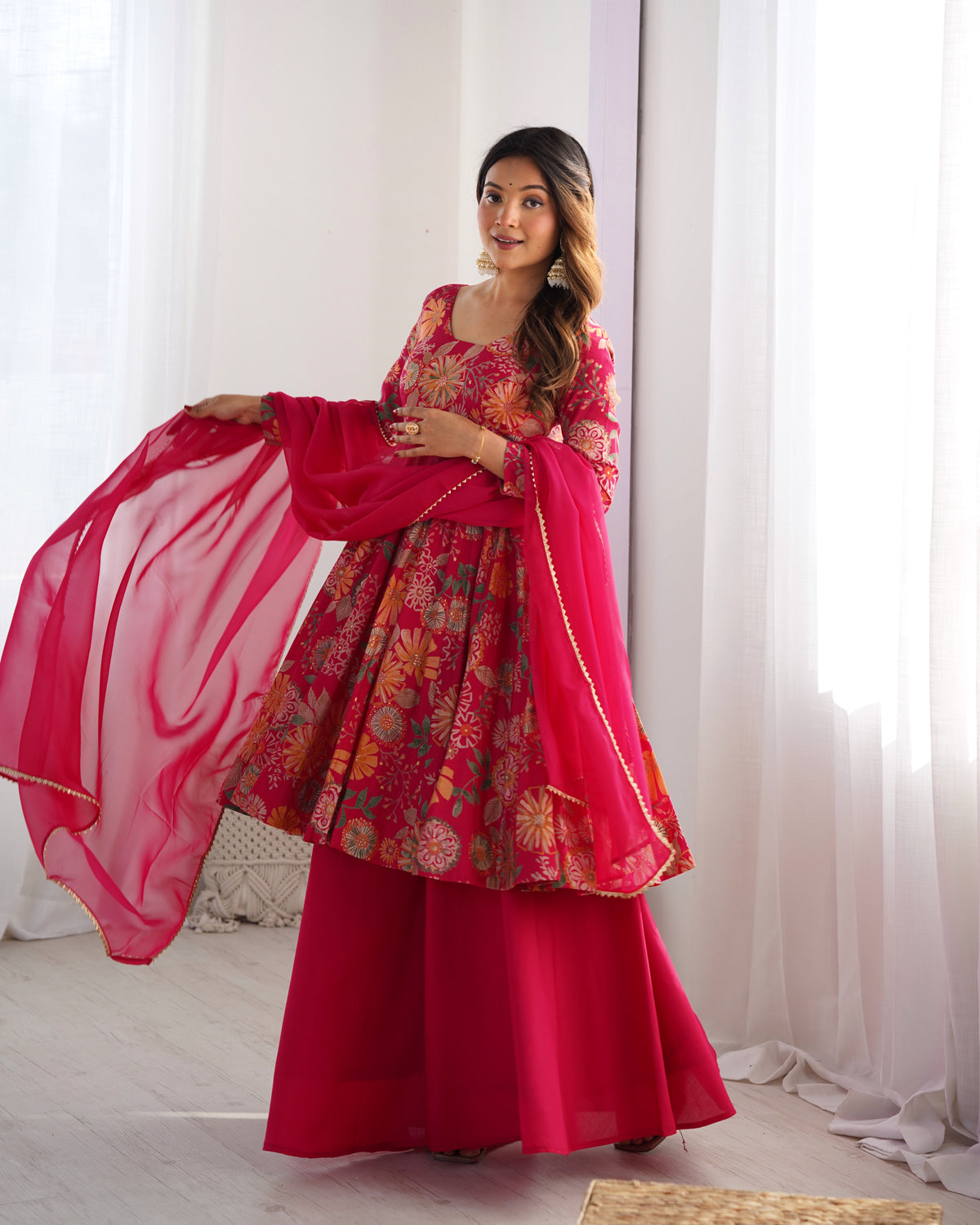 Rani Pink Floral Anarkali Suit with Multicolor Botanical Prints, Flowing Palazzo & Elegant Lace-Edged Dupatta