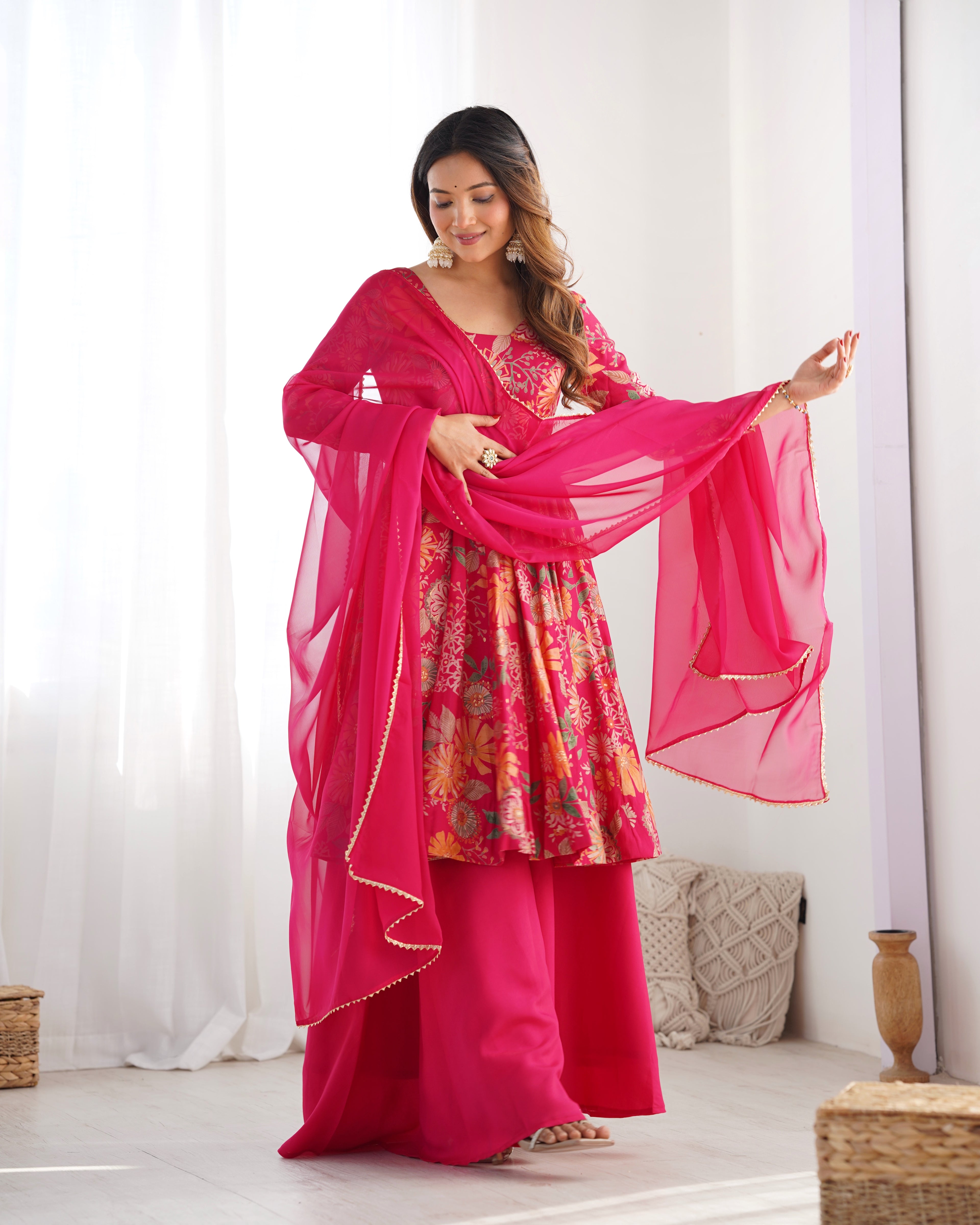 Rani Pink Floral Anarkali Suit with Multicolor Botanical Prints, Flowing Palazzo & Elegant Lace-Edged Dupatta