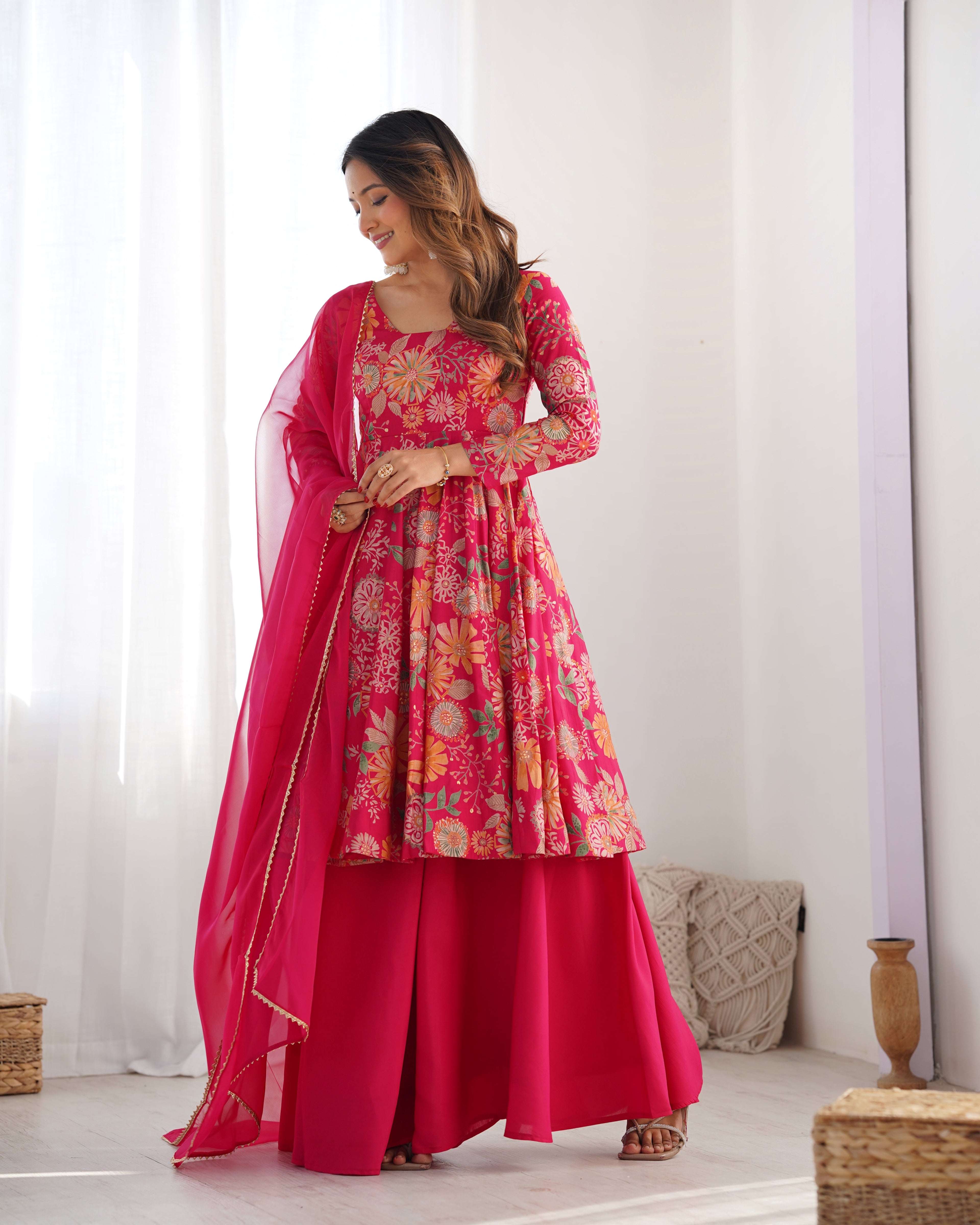 Rani Pink Floral Anarkali Suit with Multicolor Botanical Prints, Flowing Palazzo & Elegant Lace-Edged Dupatta