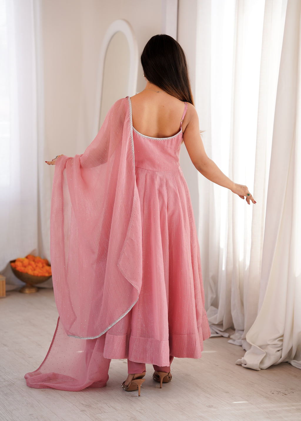 Blush Pink Chiffon Anarkali Dress with Delicate Shimmer Detailing, Spaghetti Straps & Sheer Dupatta with Silver Border