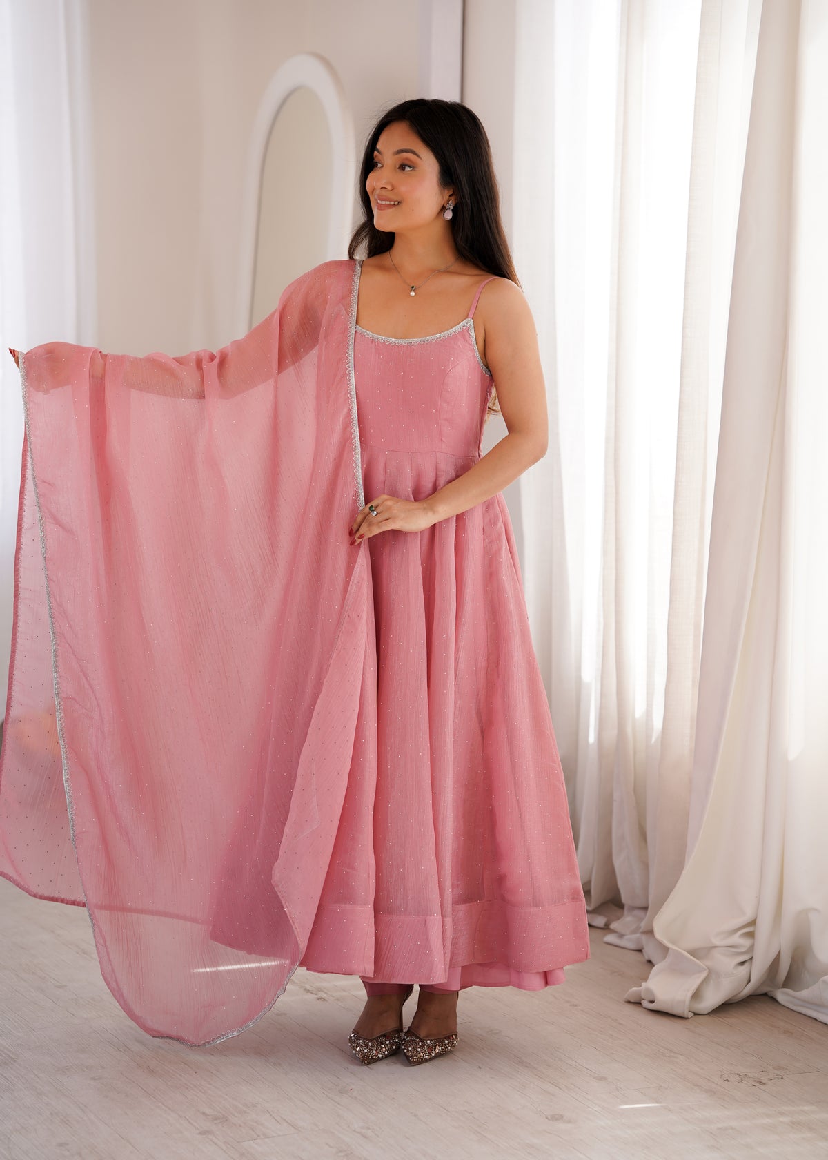 Blush Pink Chiffon Anarkali Dress with Delicate Shimmer Detailing, Spaghetti Straps & Sheer Dupatta with Silver Border