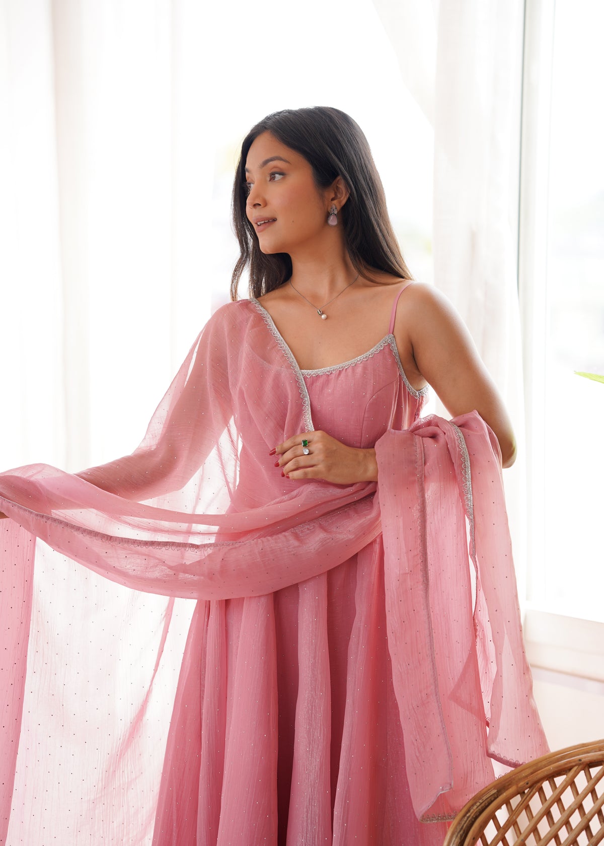 Blush Pink Chiffon Anarkali Dress with Delicate Shimmer Detailing, Spaghetti Straps & Sheer Dupatta with Silver Border