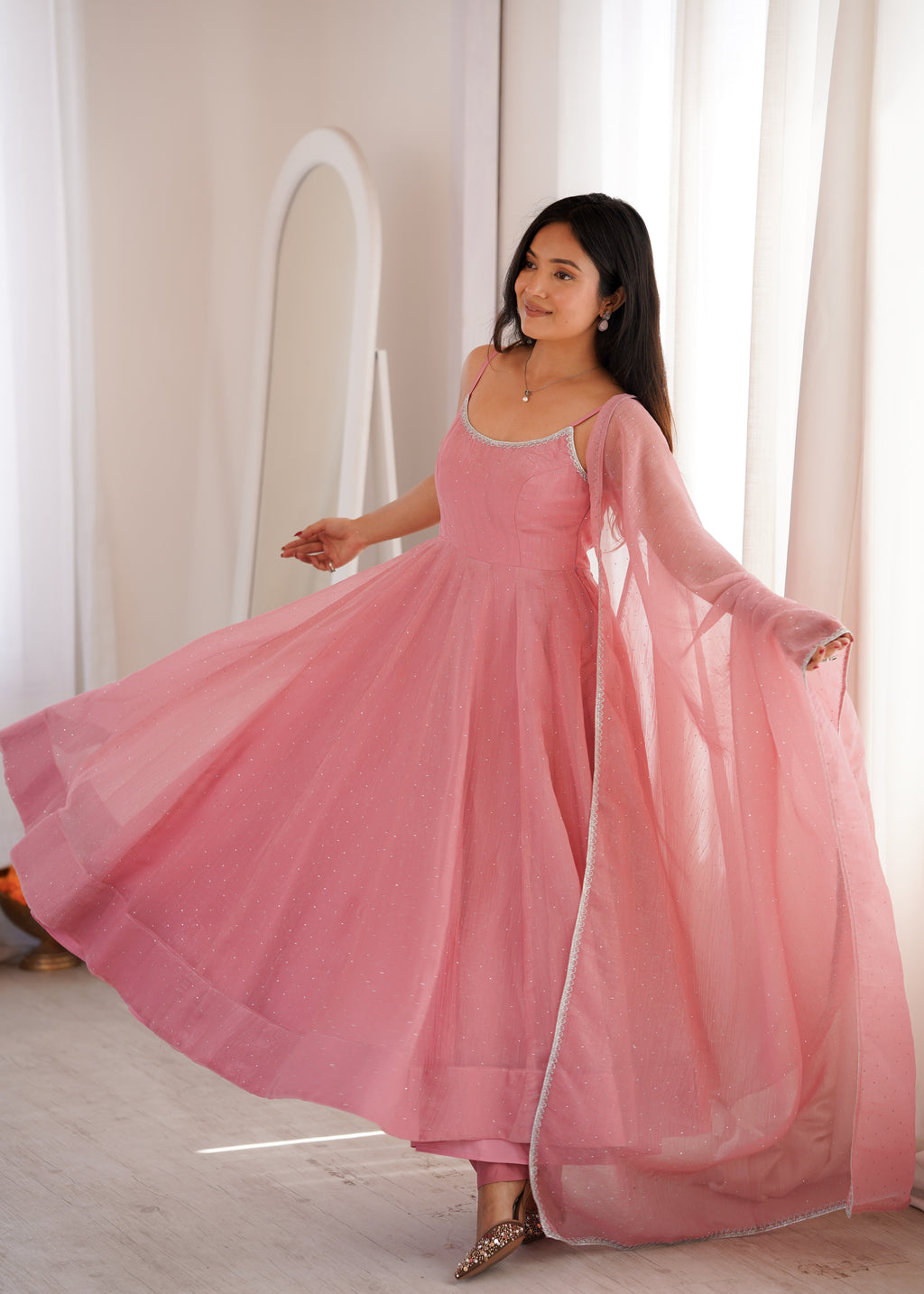 Blush Pink Chiffon Anarkali Dress with Delicate Shimmer Detailing, Spaghetti Straps & Sheer Dupatta with Silver Border