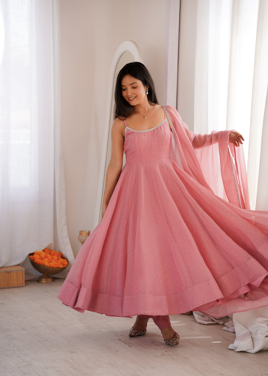 Blush Pink Chiffon Anarkali Dress with Delicate Shimmer Detailing, Spaghetti Straps & Sheer Dupatta with Silver Border