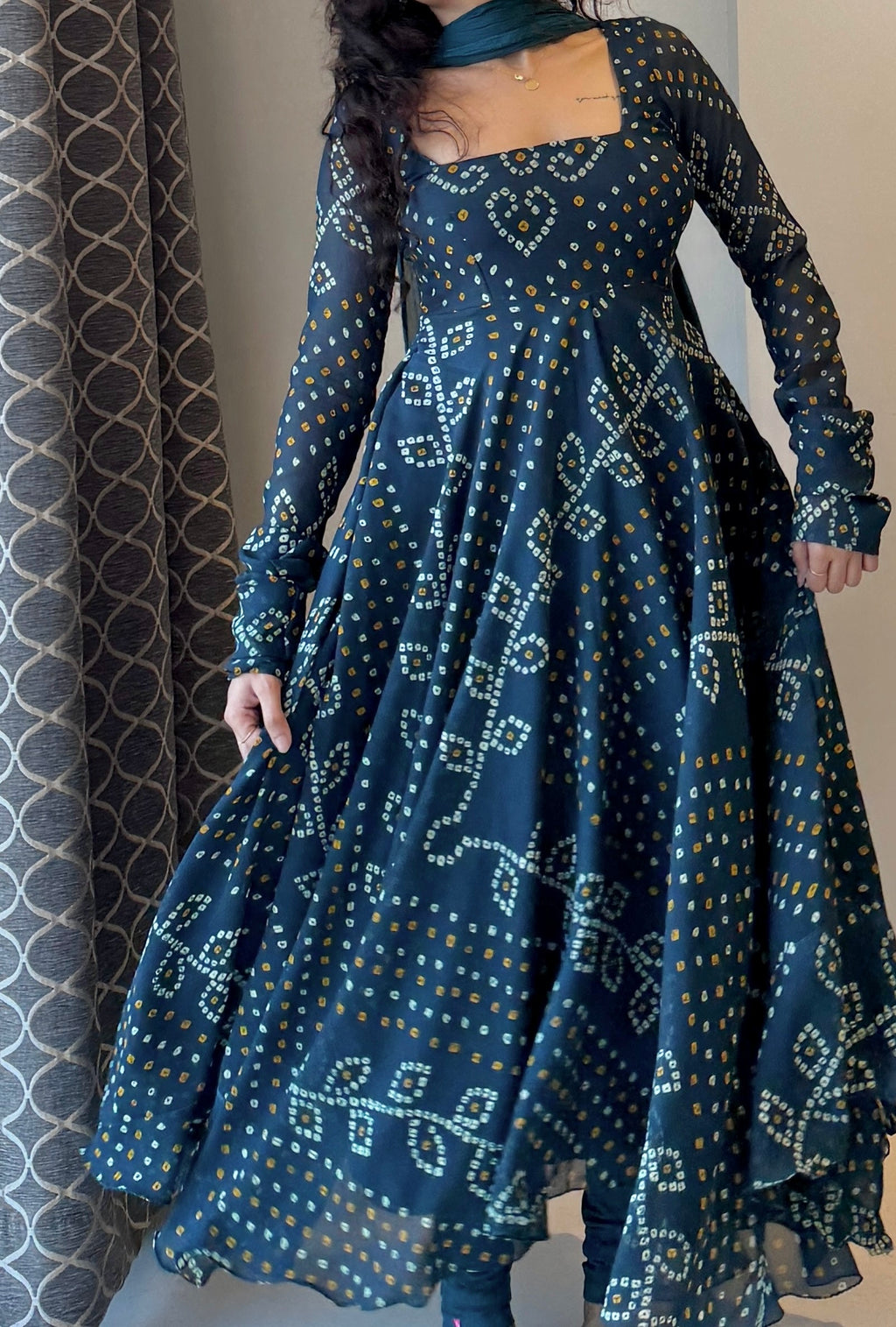 Navy Blue Bandhani Printed Anarkali Gown with Matching Churidar & Dupatta