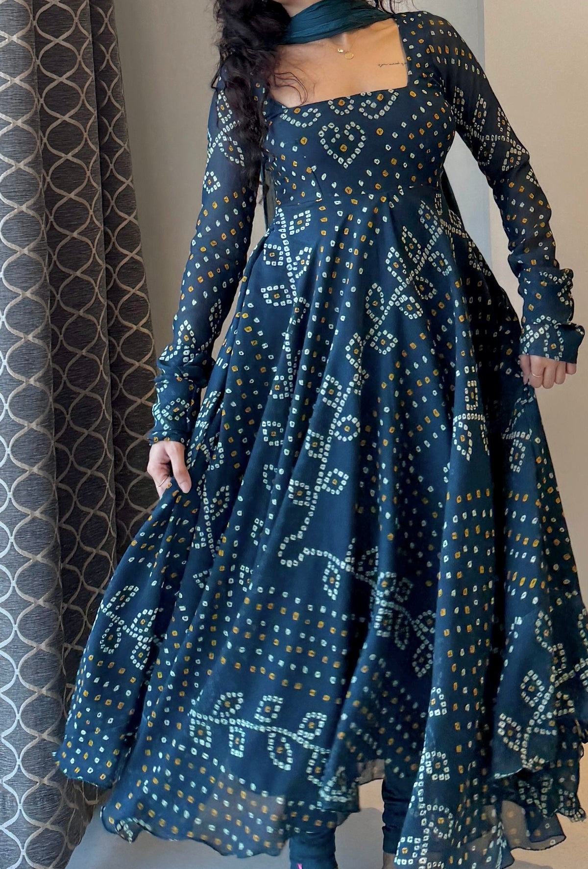 Navy Blue Bandhani Printed Anarkali Gown with Matching Churidar & Dupatta