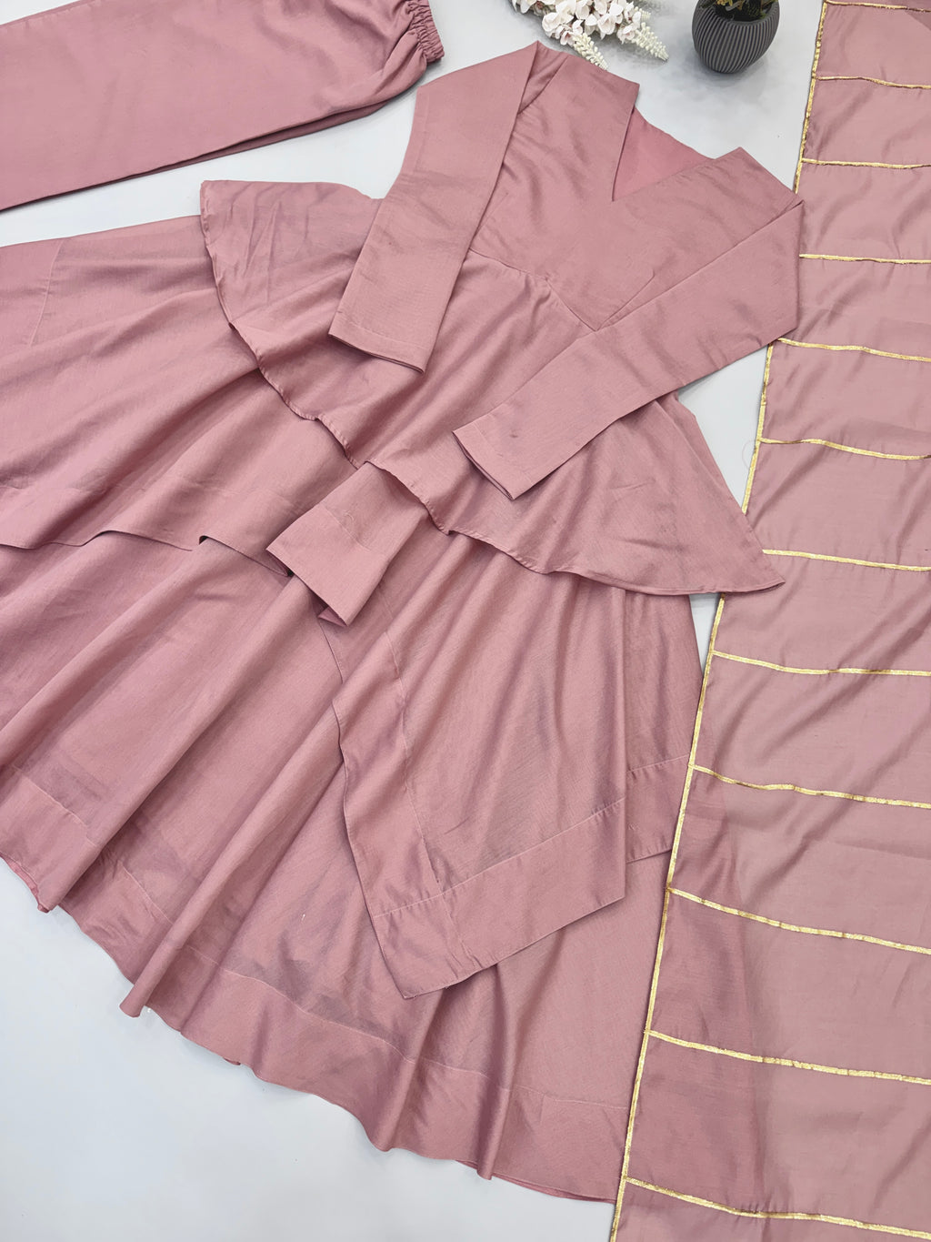 Dusty Rose Pink Layered Anarkali Sharara Set with Ruffled Flared Kurta, Flowing Sheer Dupatta & Delicate Gold Accents