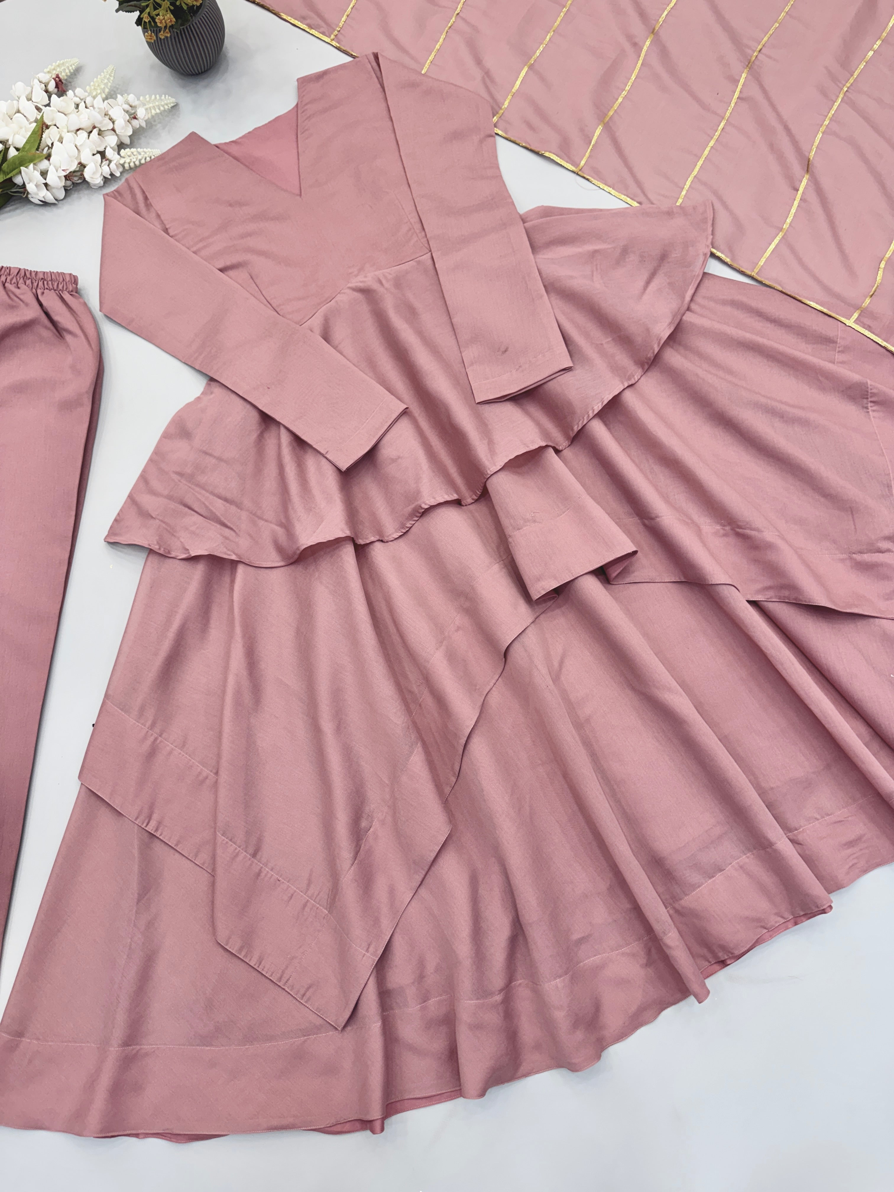 Dusty Rose Pink Layered Anarkali Sharara Set with Ruffled Flared Kurta, Flowing Sheer Dupatta & Delicate Gold Accents