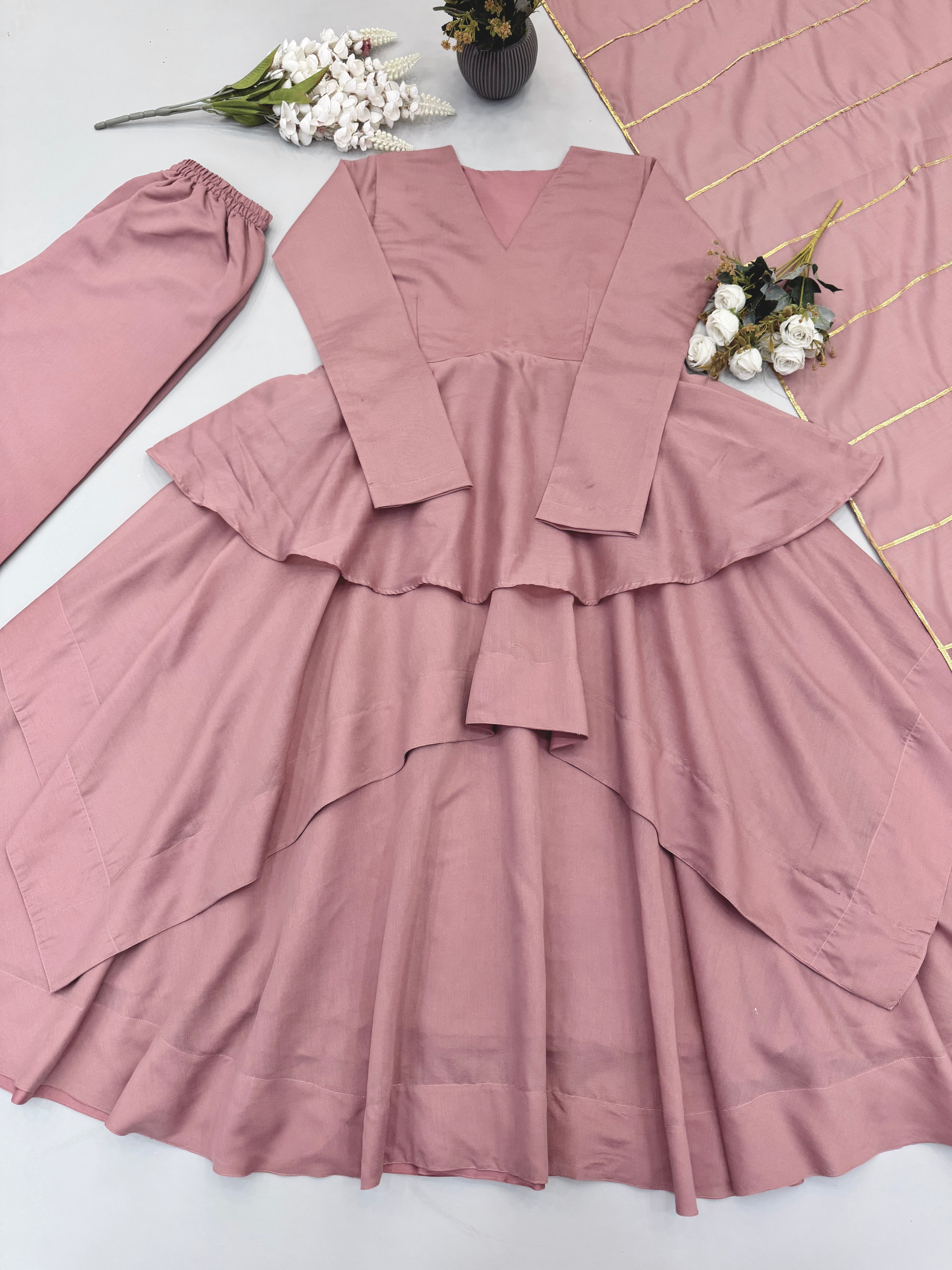 Dusty Rose Pink Layered Anarkali Sharara Set with Ruffled Flared Kurta, Flowing Sheer Dupatta & Delicate Gold Accents