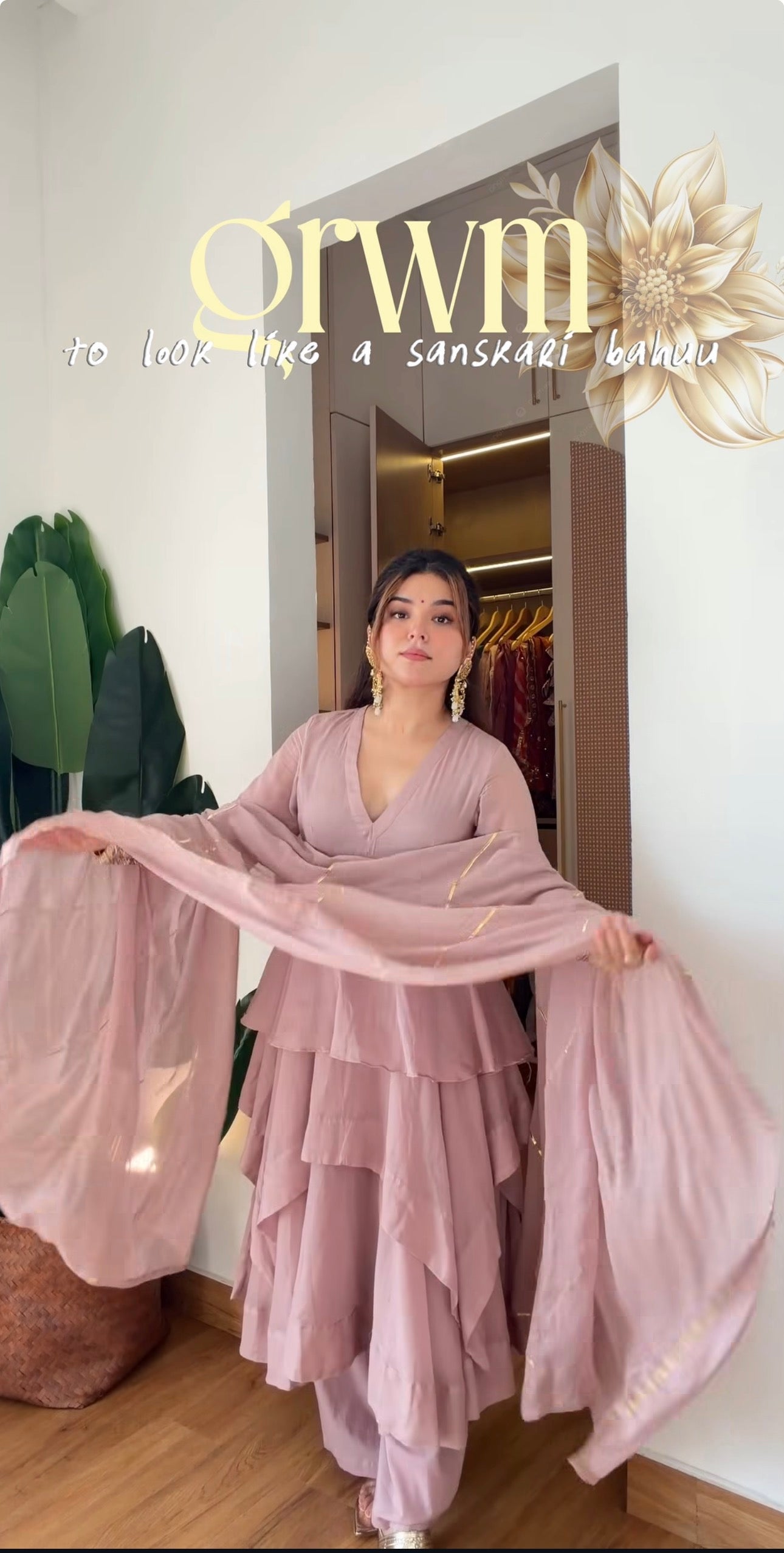 Dusty Rose Pink Layered Anarkali Sharara Set with Ruffled Flared Kurta, Flowing Sheer Dupatta & Delicate Gold Accents